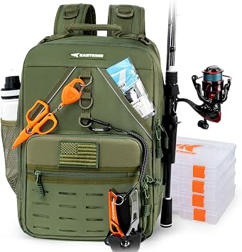 KastKing KarryAll Fishing Backpack with Rod Holder 4 Tackle Boxes, 40/26L | Tackle Bag Storage Fishing Gear and Equipment, WaterResistant Material, Fishing Gift for Men