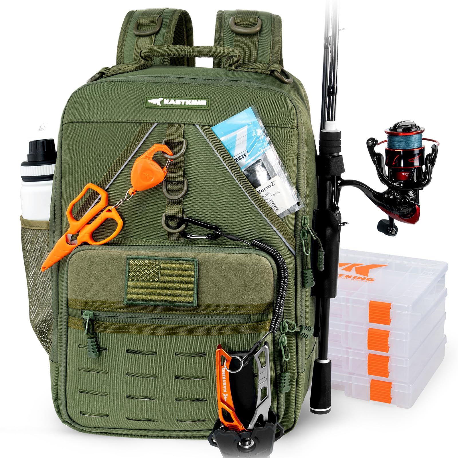 KastKing KarryAll Fishing Tackle Backpack with Rod Holder 4 Tackle Boxes,40/26L Tackle Bag Storage Fishing Gear and Equipment