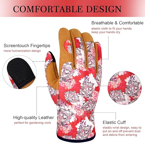Miniatura 3 de Guantes de jardinería de cuero para mujer, a prueba de espinas, guantes de jardín para pantalla táctil, guantes de trabajo, regalos, L