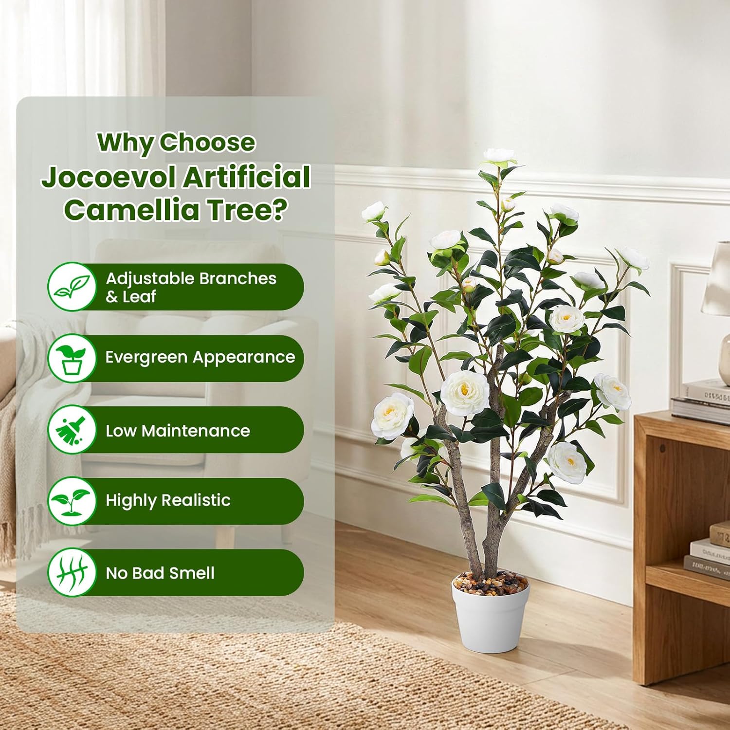 Artificial Camellia Tree 3FT, 2 Pack Indoor Fake Plant with Realistic Trunk, Leaves, Flowers and White Planter, Faux Potted Tree for Home Decor and Housew Arming Gift (White, 3ft)