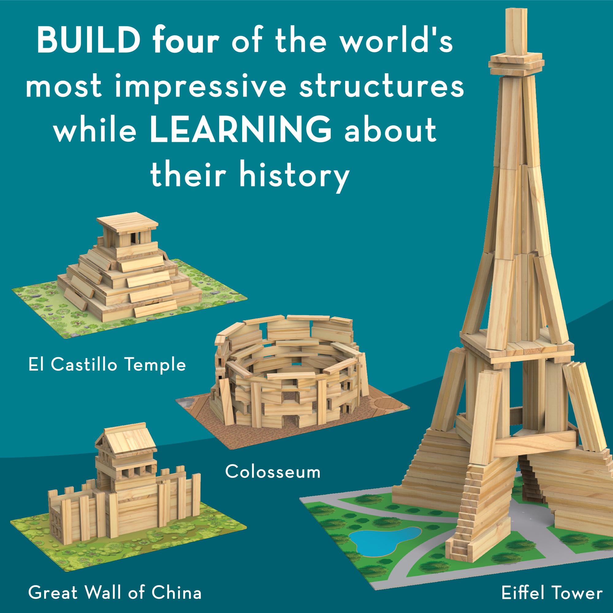MindWare KEVA Monuments – 154 Pezzi Di Assi In Legno Per Costruire Monumenti Famosi, Gioco Didattico E Creativo (6+ Anni)