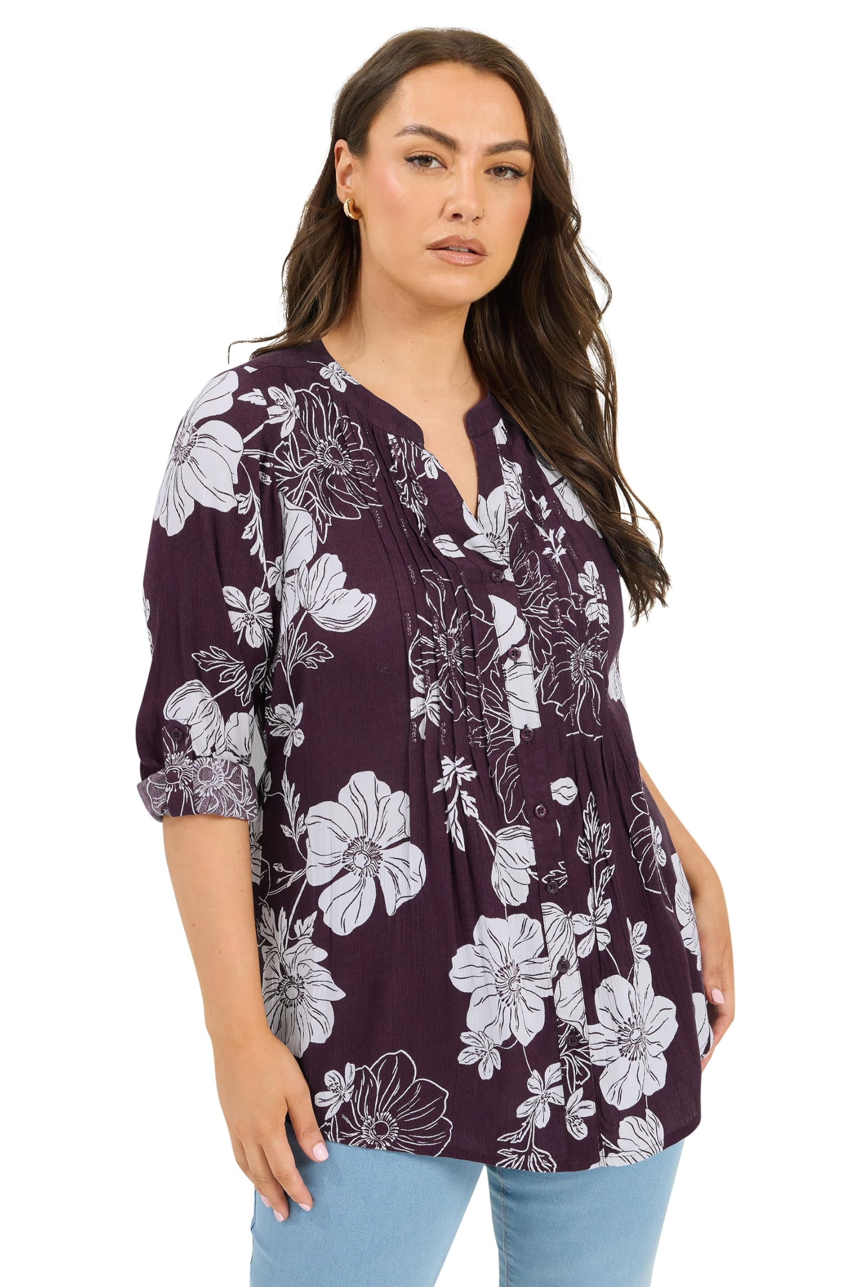 Yours Women's Floral Pintuck Top in Plum | Size: 18