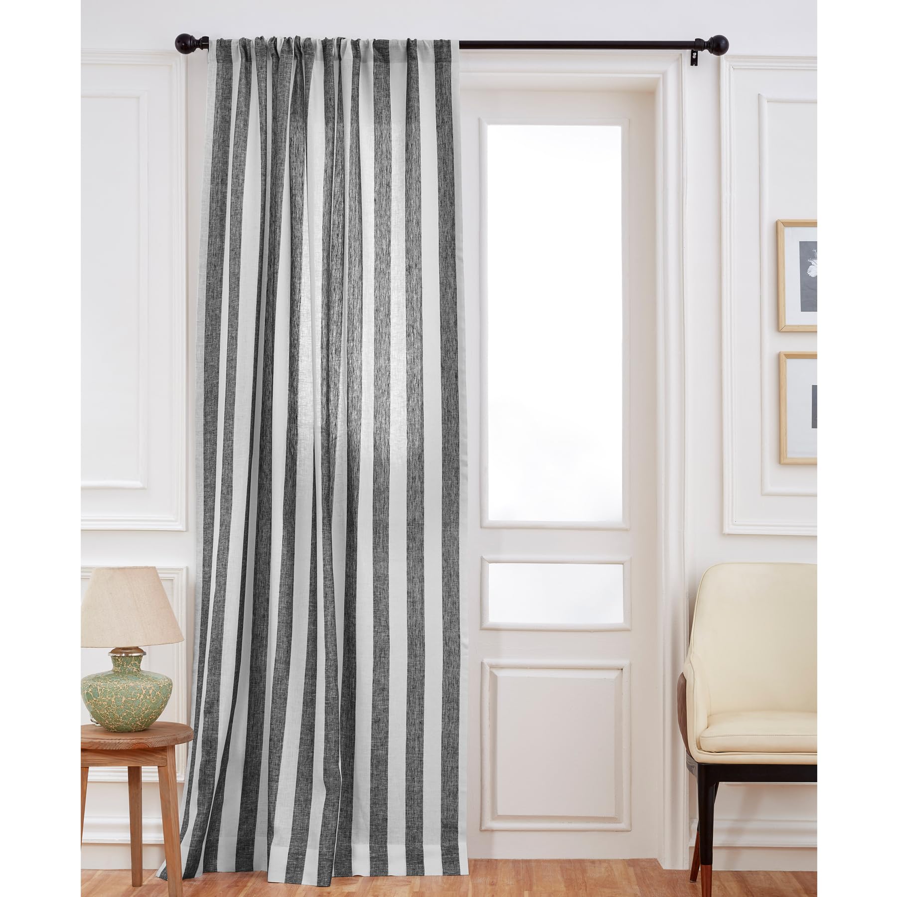 Solino Home Stripe Linen Curtain 108 Inches Long – Black and White Light Filtering Rod Pocket Curtain 52 x 108 Inch – 100% Pure Linen Window Curtain Panel for Bedroom, Living Room – Cabana Stripe