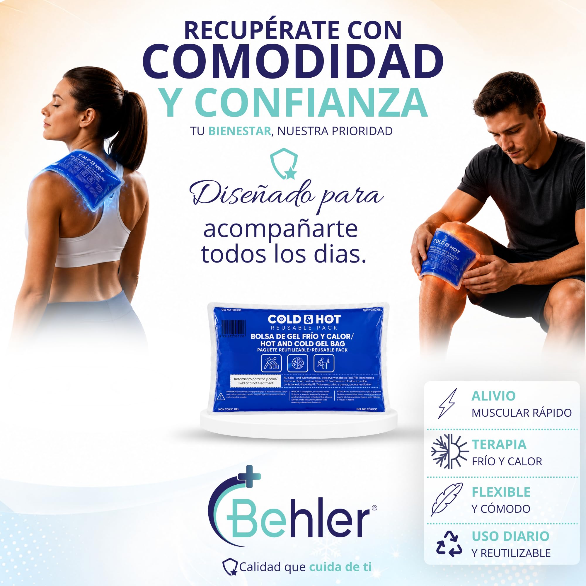 Bolsa de Gel Frío/Calor Reutilizable (26 x 15 cm) - Bolsa Flexible - Multifuncional - Ideal para Terapias, Dolor Muscular, Fiebre y Lesiones Deportivas - Aptas para Nevera y Microondas