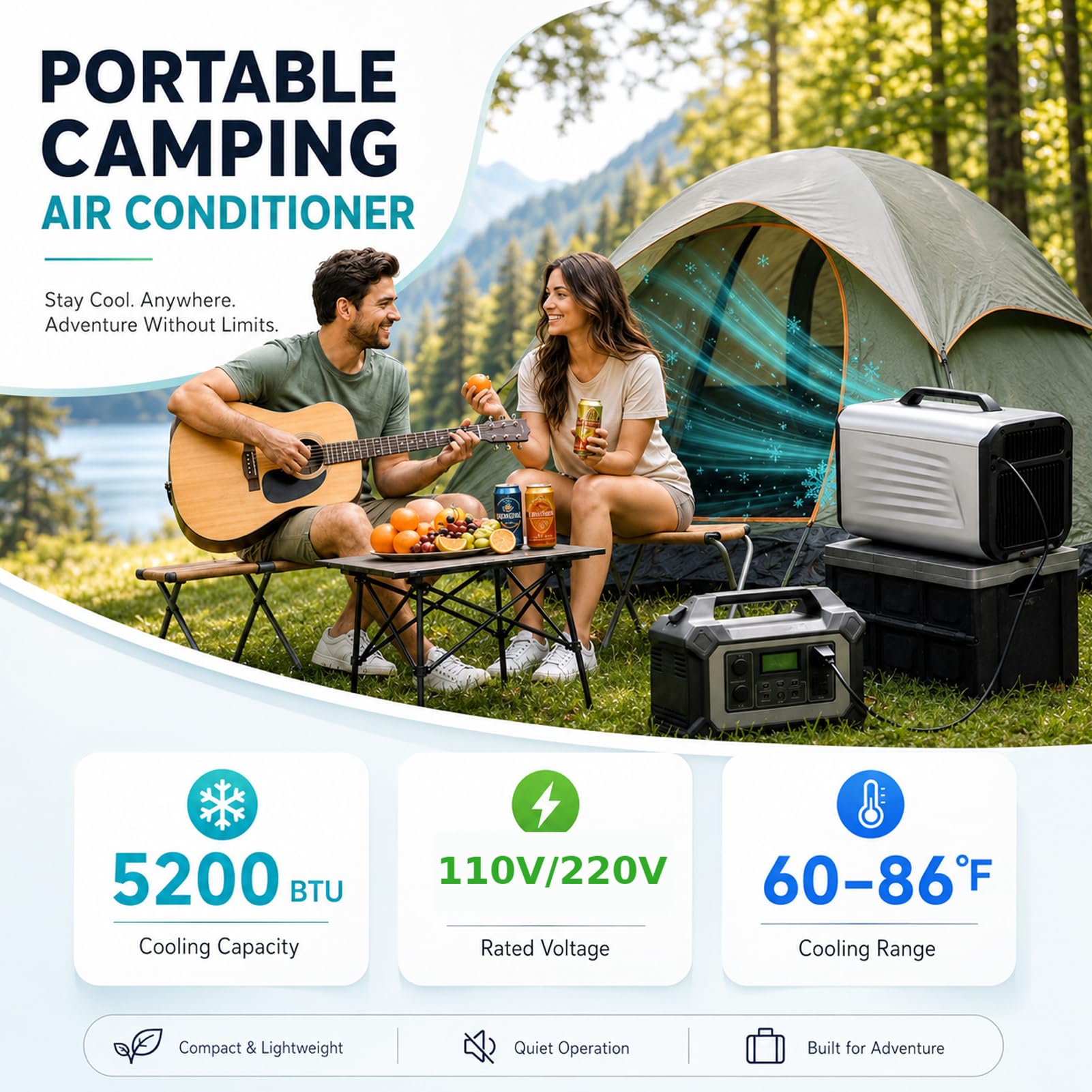 Przenośny klimatyzator 5200 BTU, 400 W, cichy klimatyzator kempingowy ze sprężarką, osuszacz powietrza w trybie nocnym, do namiotu, kampera, furgonetki i małych pomieszczeń