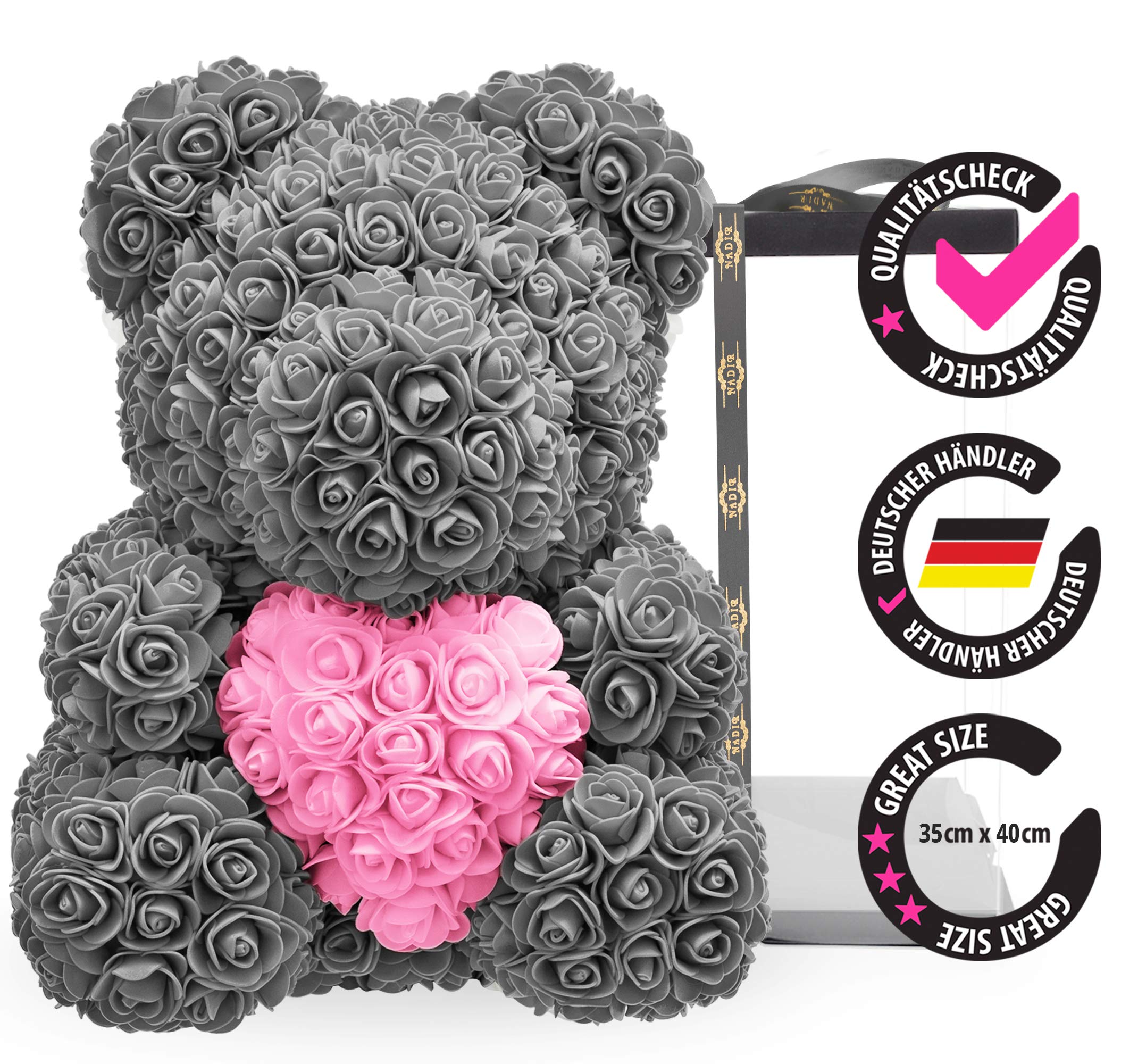 NADIR Rosen Bär Blumenbär mit Geschenkbox, Geburtstagsgeschenk für Frauen, Geschenk für Freundin zum Geburtstag Jahrestag, Rose Bear Teddybär, Geschenk Hochzeitstag