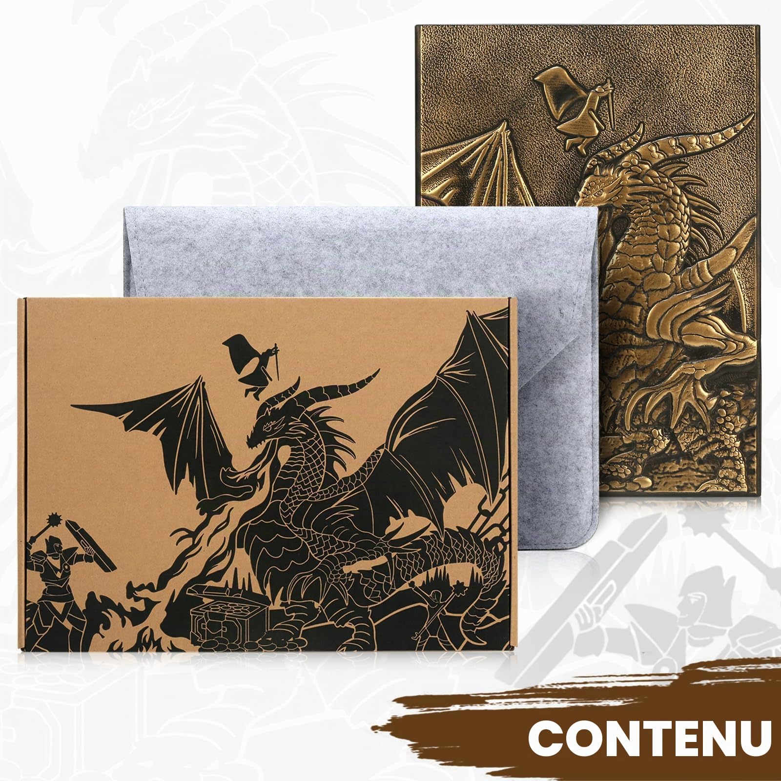 DNDND Écran DND Dungeons Master en similicuir 3D gaufré à quatre panneaux avec poches pour jeu de table DND Donjons et Dragon (laiton)