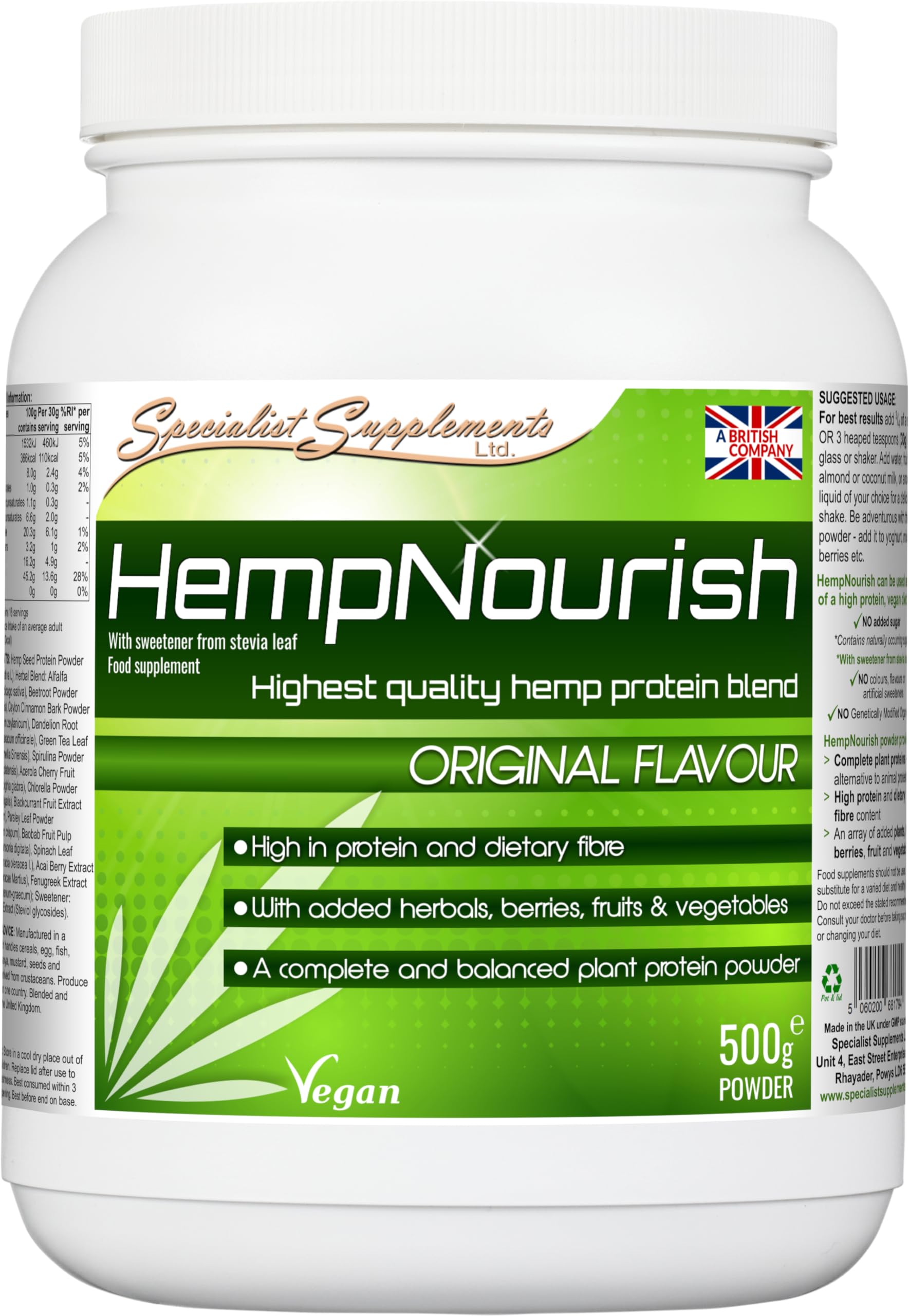 Specialist Supplements HempNourish Protein Powder 500g