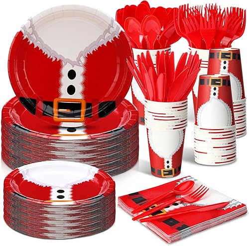 Sliner Juego de 175 platos y servilletas de papel de Navidad desechables de Papá Noel para 25 vasos de papel de Navidad con cuchillo, tenedor,