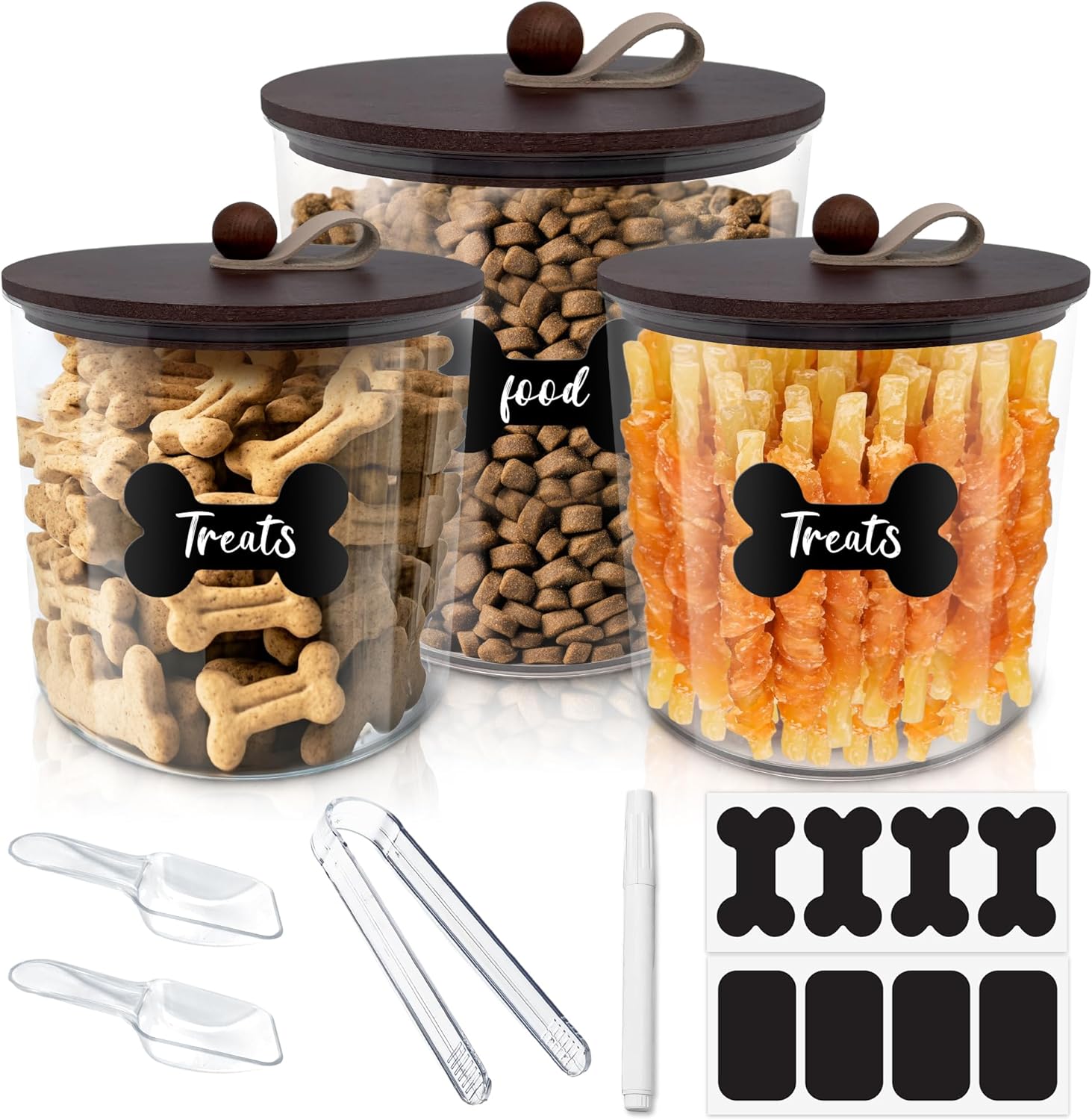 HOYTAMDAR 3 Pack Airtight Dog Food Storage Container, Dog Treat Container Dog Food Container with Wood Lids 8x7''&6x5'',Pet Food Storage Container,Cat Food Containers with Scoops,Clamp,Labels,Pens