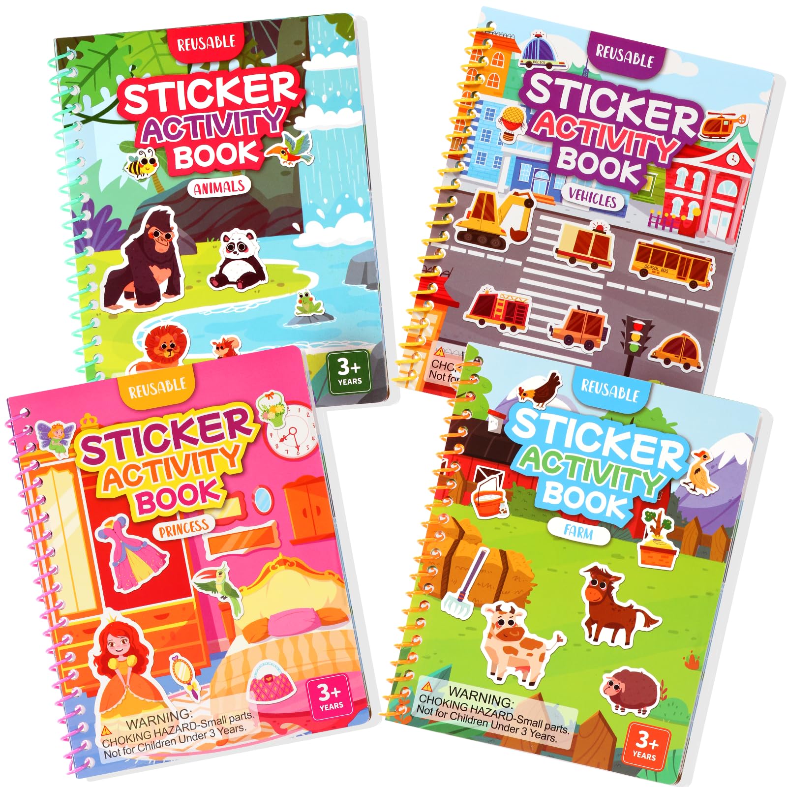 BuyCard Reusable Sticker Book - 4 Pack 3D Sticker Book for Kids for 2+ Year Olds Travel Airplane Activity for Kids Scene Storybook Sticker Gift for Boys Girls — image 1