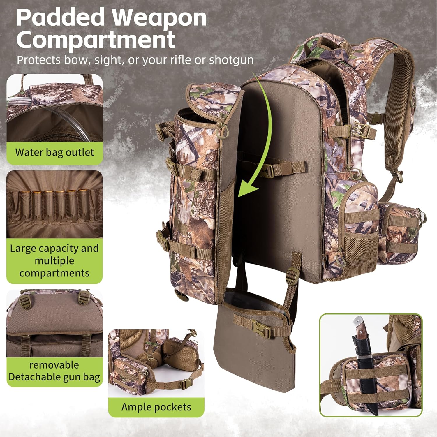 BLISSWILL Large Hunting Backpack with padded weapon compartment for Bow Rifle with Waterproof Rain Cover Hunting Gear Accessories 40L(Supercamo Timber)