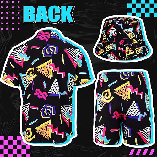 Vista 6 de Geosar Men's 2 Pcs 80s 90s Outfit for Men Hippie Shirts and Shorts Set with Hat Neon Disco Halloween Party Costume Clothes