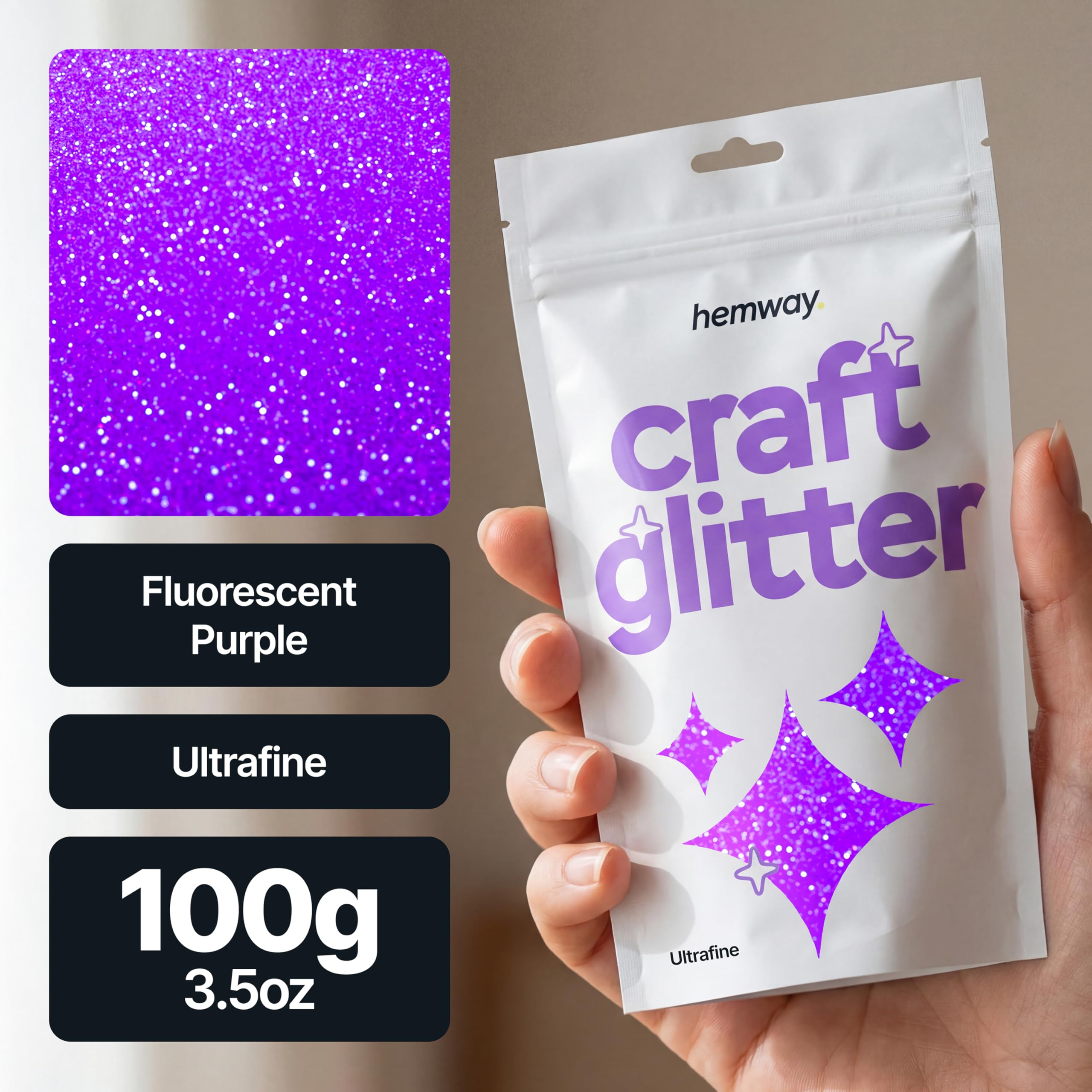 Hemway - Purpurina para manualidades, vasos, resina, epoxi, uñas, cera, álbumes de recortes, cristal, decoración de escuelas: morado neón uv fluorescente, ultrafina (0,2 mm), 100 g