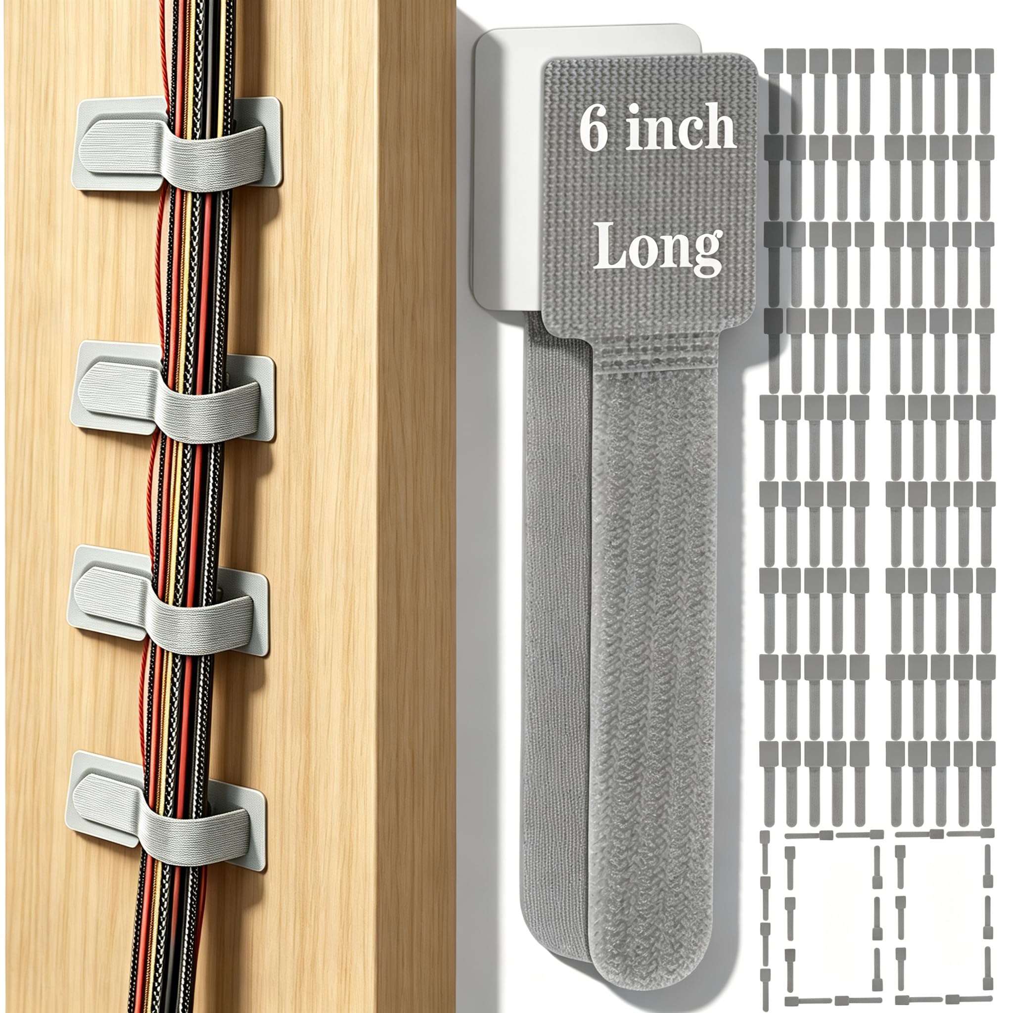 Klett-Kabelbinder, selbstklebend, wiederverwendbar, Polyester-Kabelhalter, Mehrzweck-Kabelclip für Reisen, Büro, Zuhause, Grau, 100 Stück