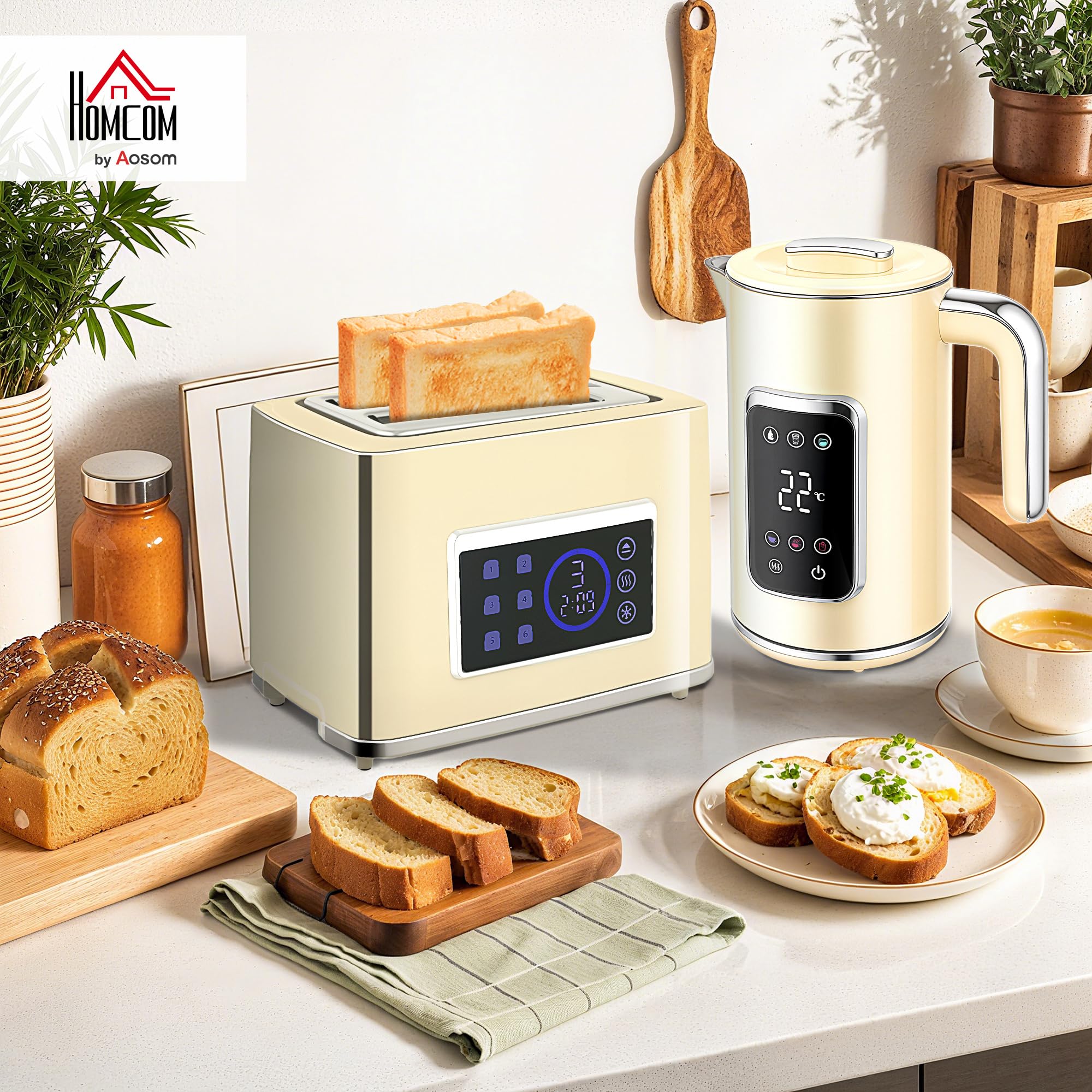 HOMCOM Wasserkocher Toaster Set 1,7L Edelstahl 2200W mit Memory-Funktion 55-90°C Warmhaltefunktion 2 Scheiben Toaster 6 Bräunungsstufen Creme