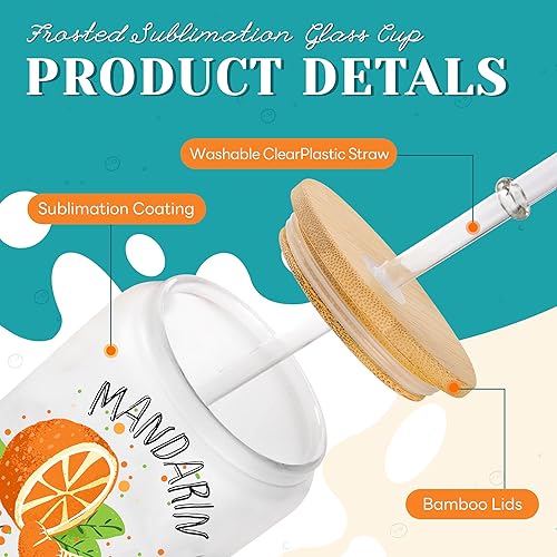 Miniatura 5 de Paquete de 10 vasos de sublimación en blanco con tapas y pajitas de bambú, vasos de vidrio esmerilado de 16 onzas con películas retráctiles para