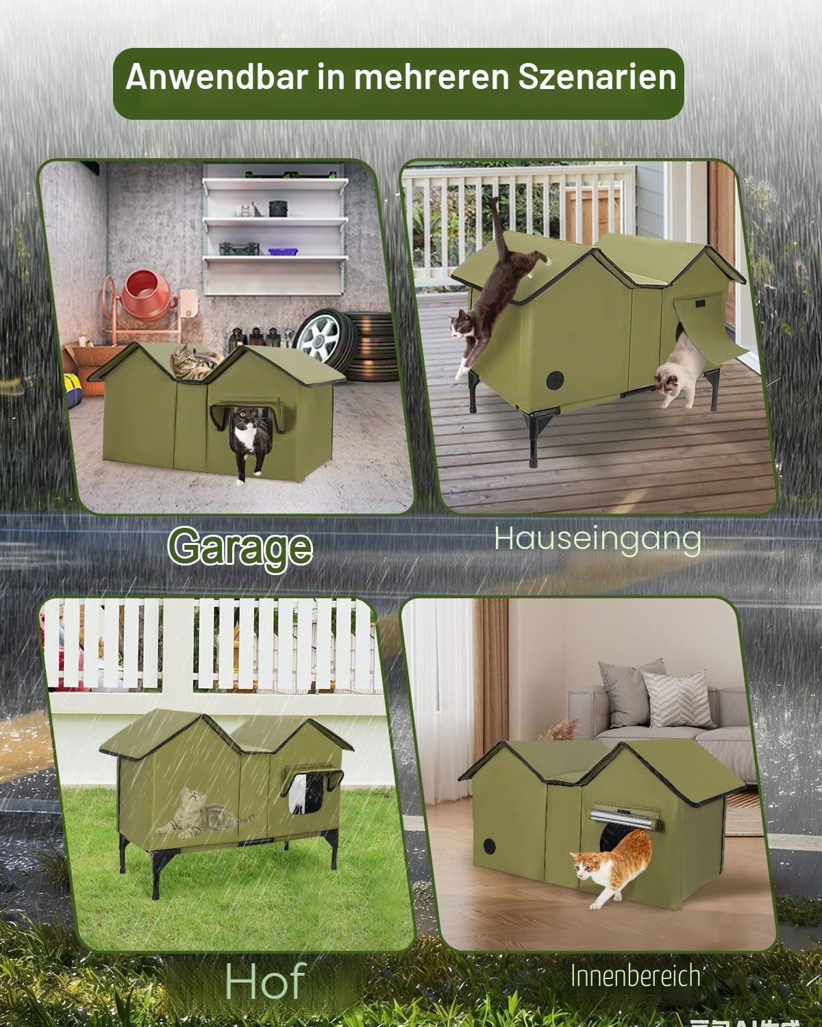 Outdoor Katzenhaus, Extra Large wasserdichtes Katzengehege mit erhöhter Basis, isoliertes Haustierhaus für Indoor-Outdoor-Katzen und kleine Hunde, Schutzhütte für mehrere Streifenhörnchen, Grün