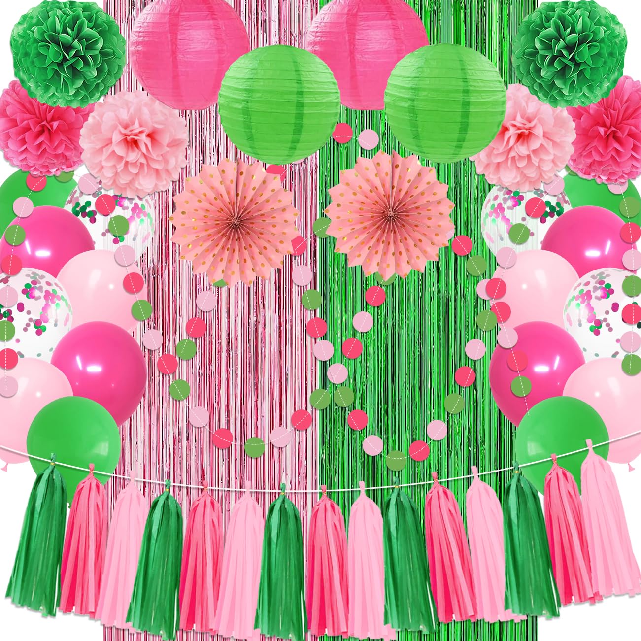 Pink and Green Party Decorations Witch and Princes Balloons Paper Pom Poms Foil Fringe Curtain Paper Tassel Garland Fans Lanterns Circle Dots Garland for Birthday Baby Shower Bridal Shower Supplies