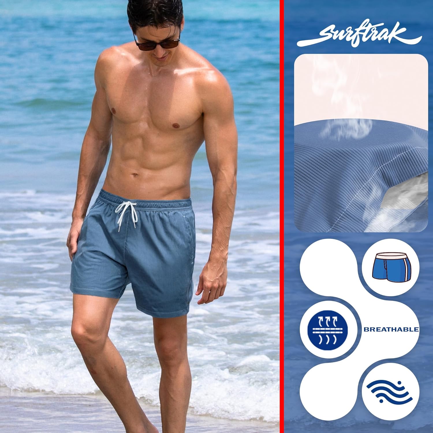 Mens Swim Trunks with Compression Liner 5 inch Textured Ribbed 4 Way Stretch Mens Bathing Suits Beach Short Swimsuit - Image 2