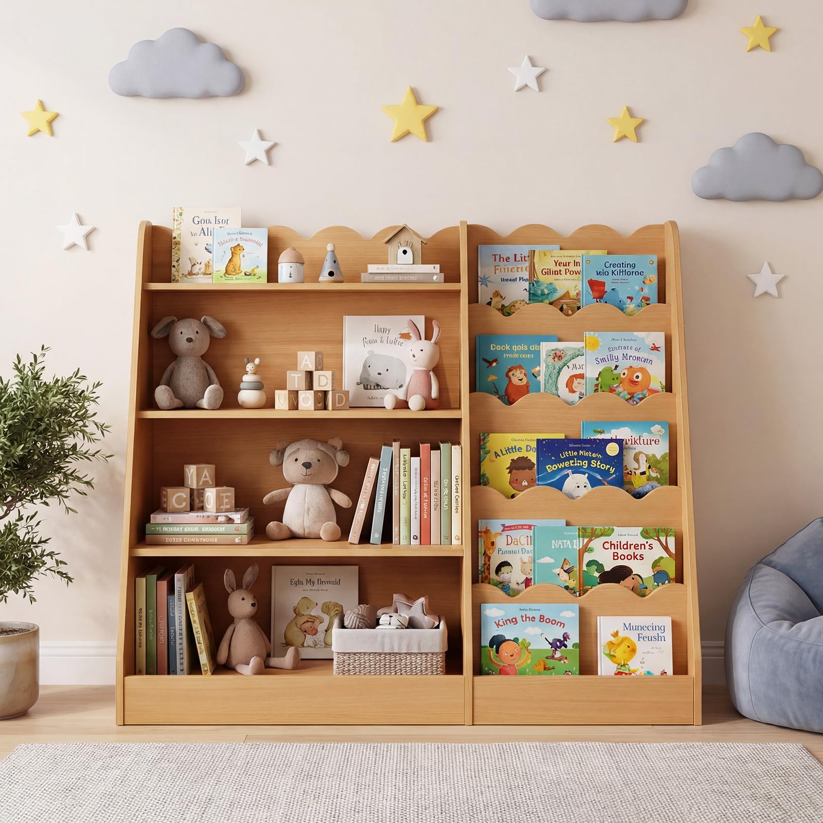 COSTWAY Bibliothèque Enfant Montessori avec 5 Niveaux Ondulés, 4 Étagères Ouvertes, Étagère à Livres en Bois avec Kits Anti-basculement, Meuble Rangement pour Chambre Salle de Jeux Crèche (Naturel)