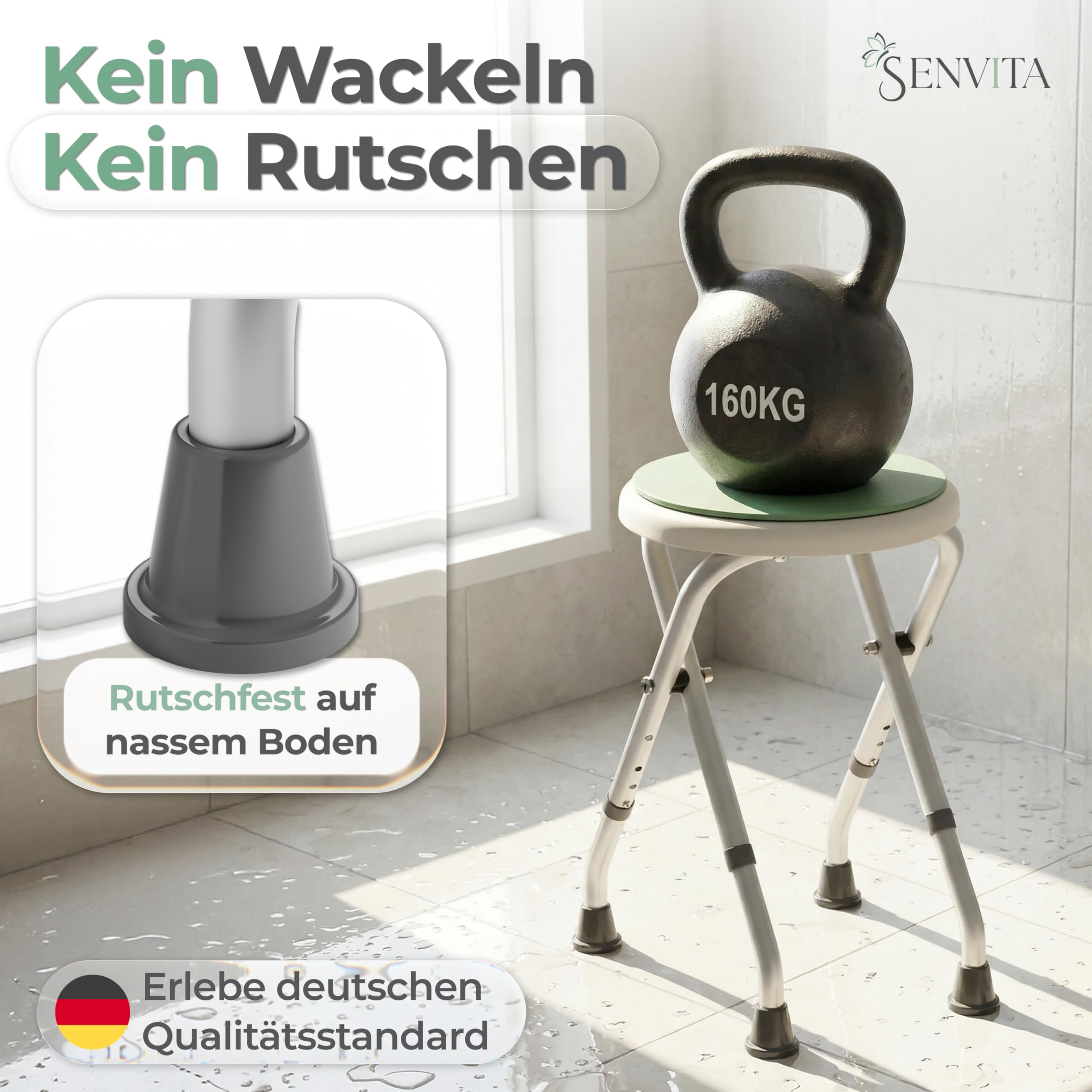 Duschhocker Klappbar, 360° Drehbar & 160kg Belastbar | Duschstuhl für Senioren | Höhenverstellbare, rutschfeste Duschhilfe mit Sitzkissen | Badhocker & Badewannensitz