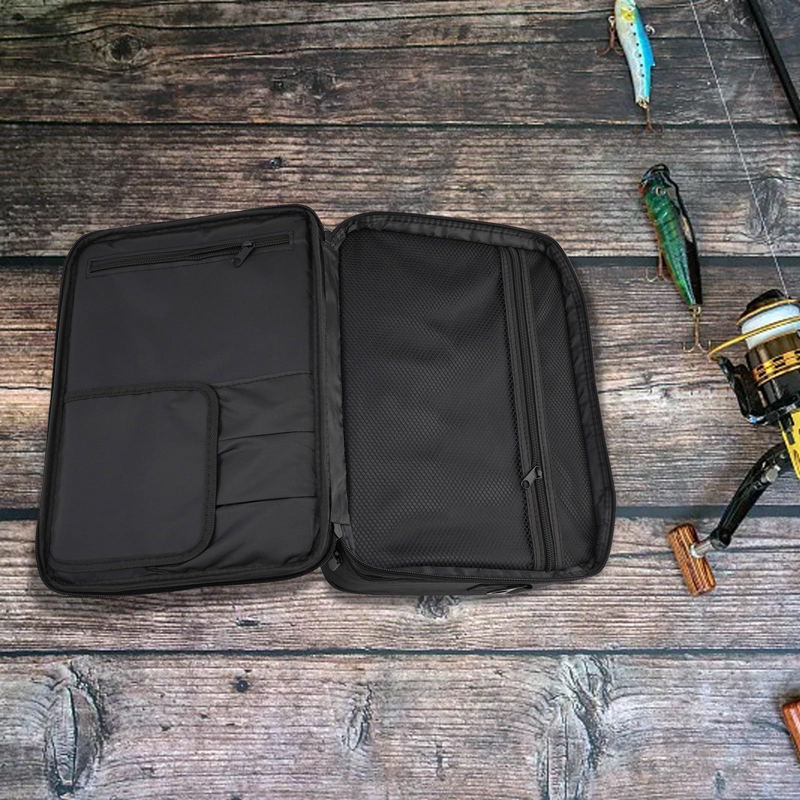 Angelrollenkoffer, klein und groß, Angelrollen-Organizer, verstellbare Trennwände, gepolstertes Futter, stoßfestes Innenteiler-Design, robust und wasserabweisend, 1860D Oxford-Stoff, Schwarz (L)