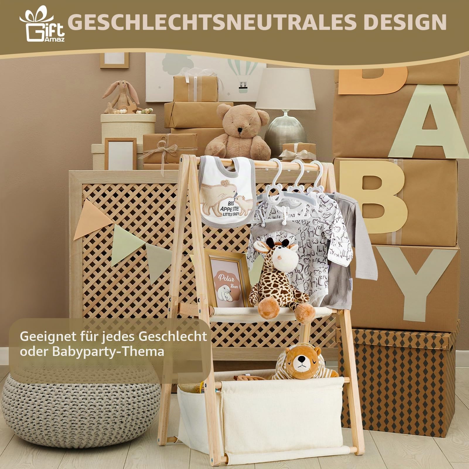 GiftAmaz Holz Babykorb für Babyparty, Zweistöckiger geschenkkorb baby, Baby Aufbewahrungskiste aus Holz mit Kleiderbügeln, Baby Shower Deko Baby Geschenk zur Geburt für werdende Eltern