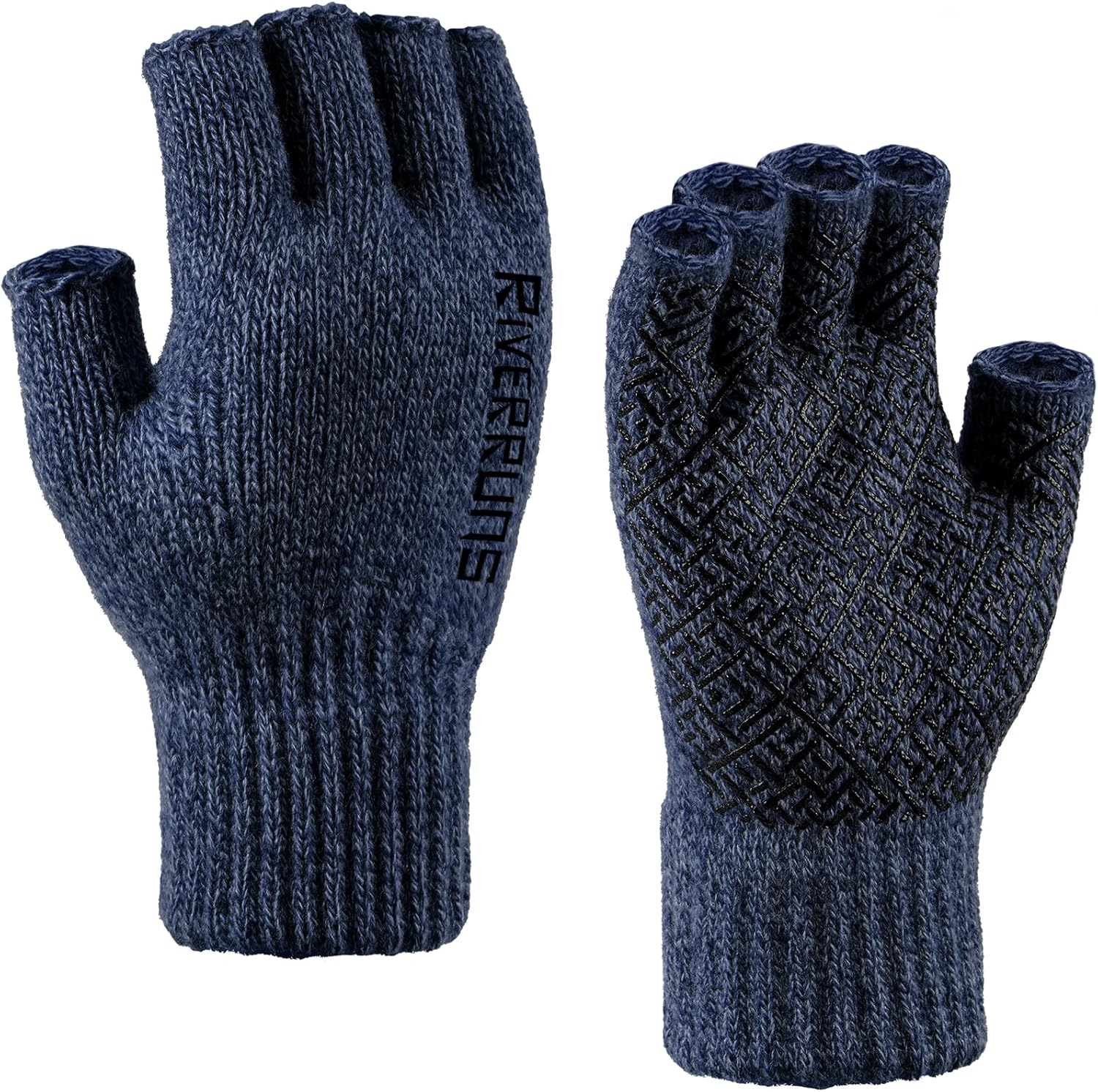 Riverruns Wool Fishing Fingerless Gloves for Men Women, Anti-Slip Thermal & Soft Winter Knitted Ice Fishing Fingerless Gloves