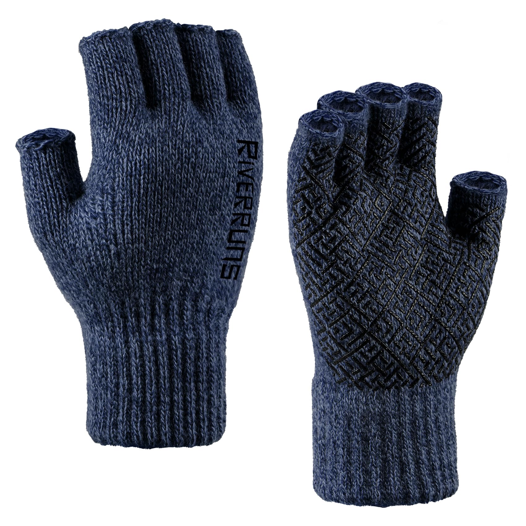 Riverruns Wool Fishing Fingerless Gloves for Men Women, Anti-Slip Thermal & Soft Winter Knitted Ice Fishing Fingerless Gloves