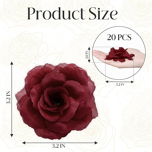 Miniatura 2 de 20 piezas de flores de cabeza de rosa rojo vino sin tallo, cabeza de flores artificiales para decoración de bricolaje, rosa de seda de 3 pulgadas