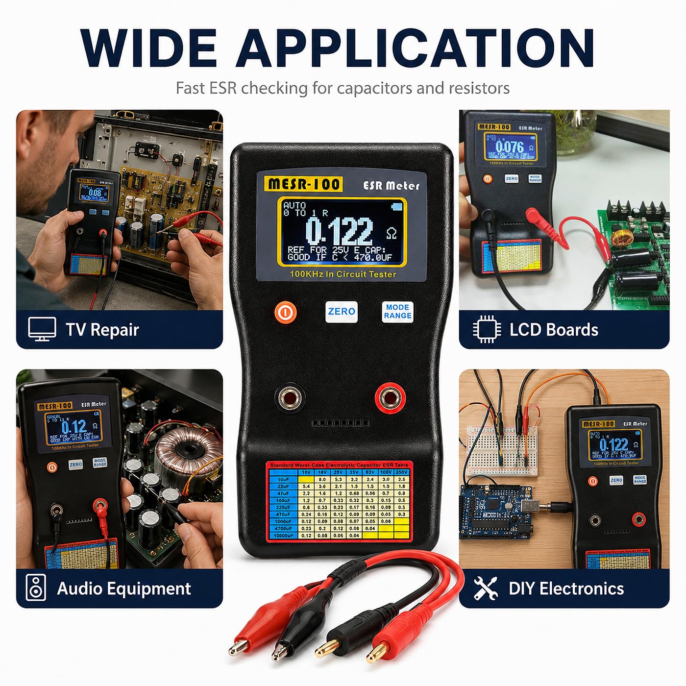 MESR-100 Digitales ESR Messgerät, Automatische Bereichswahl 0,001R Bis 100R Schaltung Widerstand/Kapazitätstester Ohmmeter Hintergrundbeleuchtung Doppelanschluss, Für Reparatur Tv/Lcd/Audioplatine