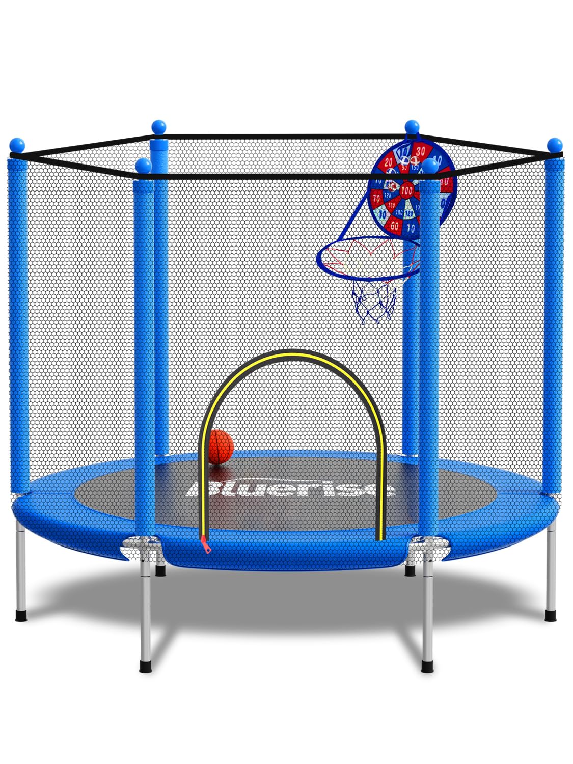 BLUERISE 55IN 6FT Toddler Trampoline for Kids Indoor Outdoor Play for Kids Trampoline Basketball Hoop Attachment with Enclosure Net Easy to Assemble