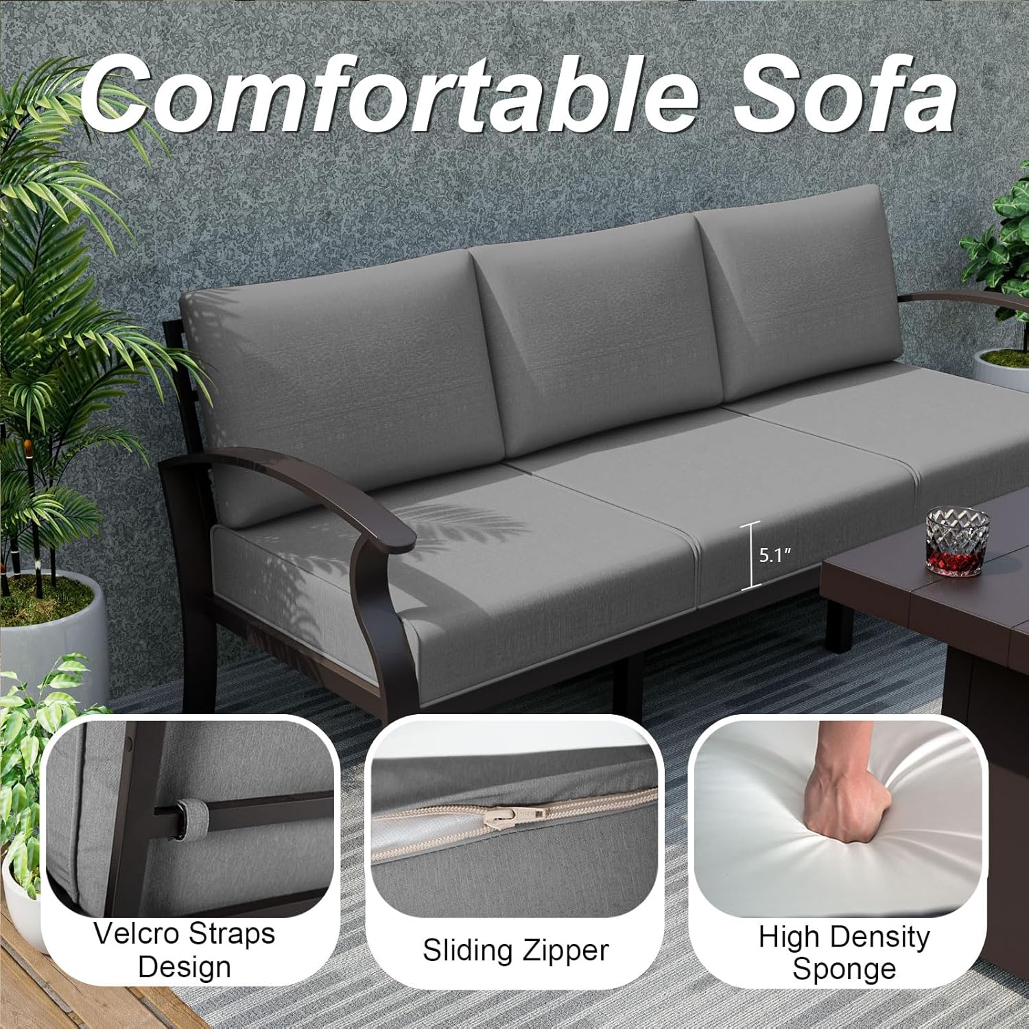 ALAULM Aluminum Patio Furniture Set with Round Coffee Tables, 5-seat Outdoor Sectional Furniture w/5.1" Cushions, Patio Conversation Set for Porch, Backyard, Poolside-Grey