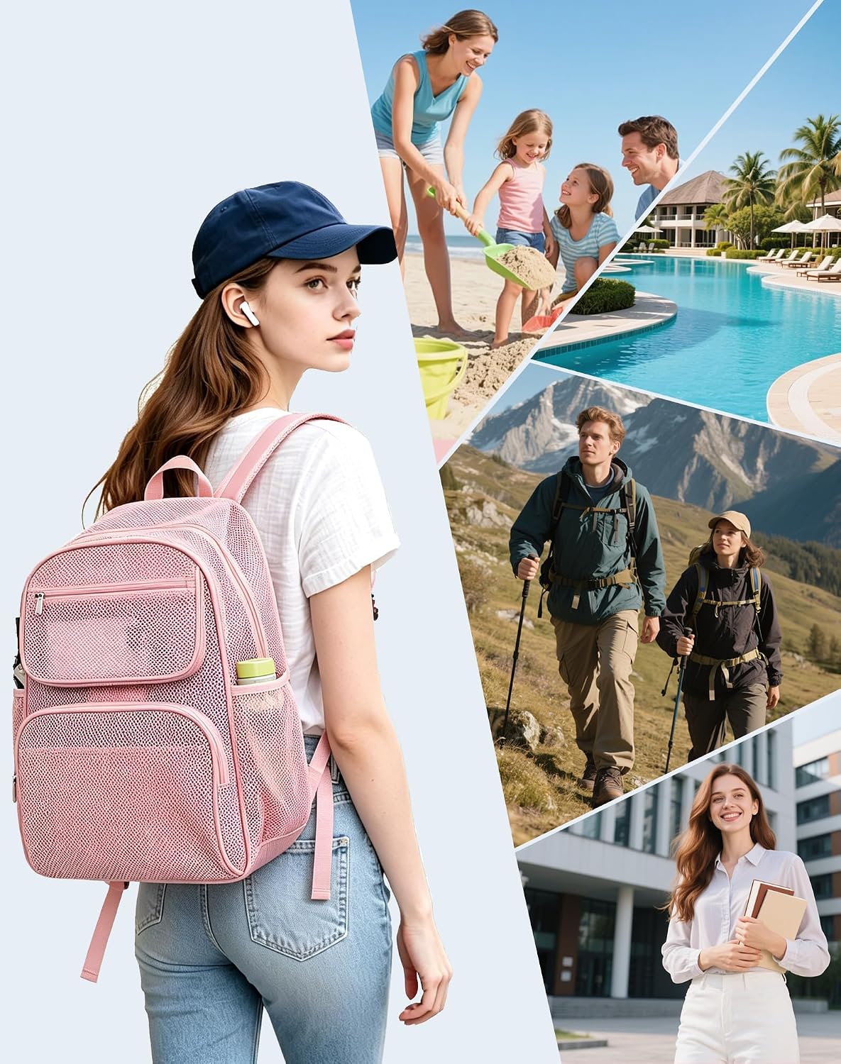 Lyingflat Mesh Beach Bag, Quick Dry See-Through Swim Bag with Padded Shoulder Straps for Swimming, Outdoor Use, Princess Pink