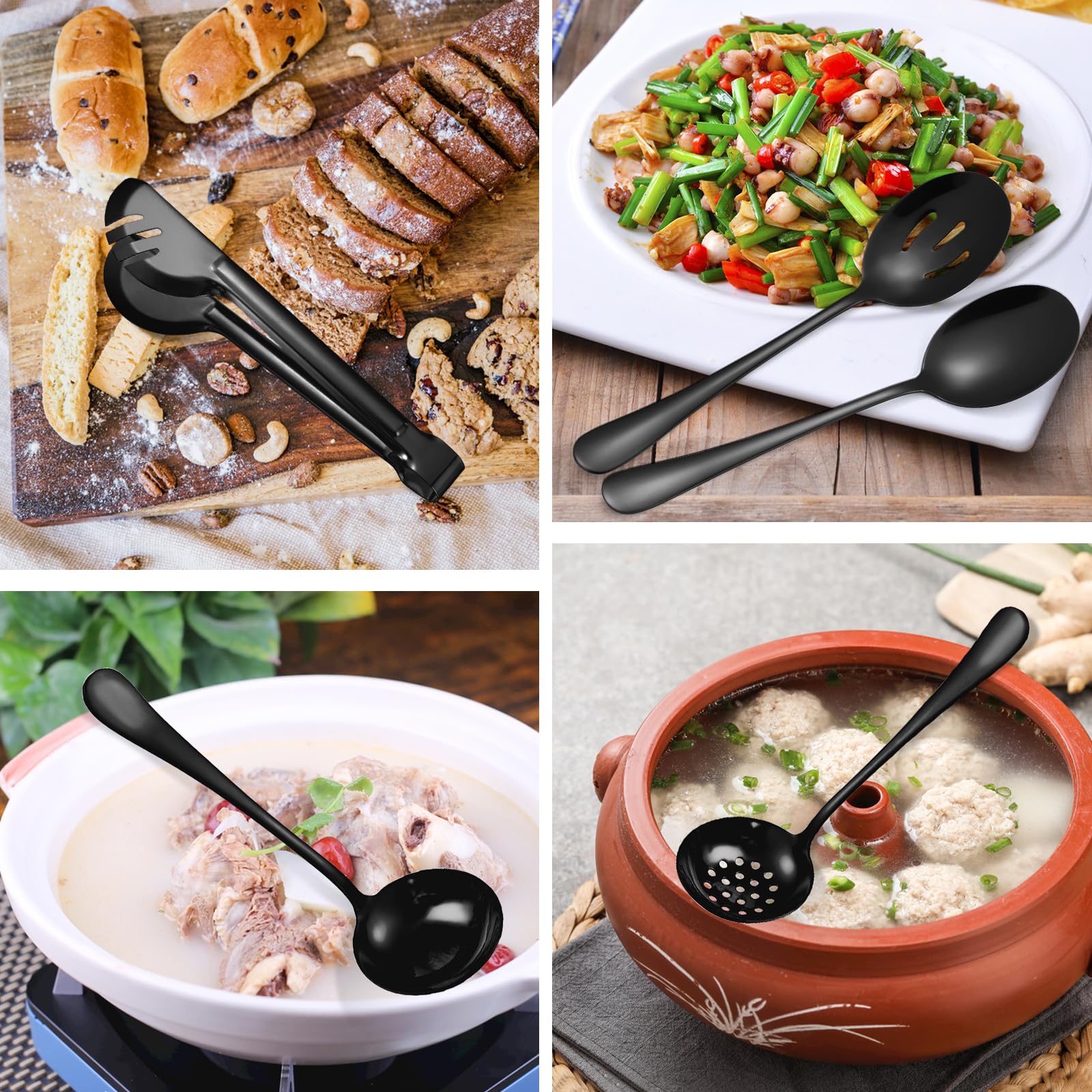 Gli utensili da portata includono grandi cucchiai da portata scanalati, forchette da portata, pinze da portata, mestolo da zuppa e torta, utensili da portata per buffet, catering, lavabili in