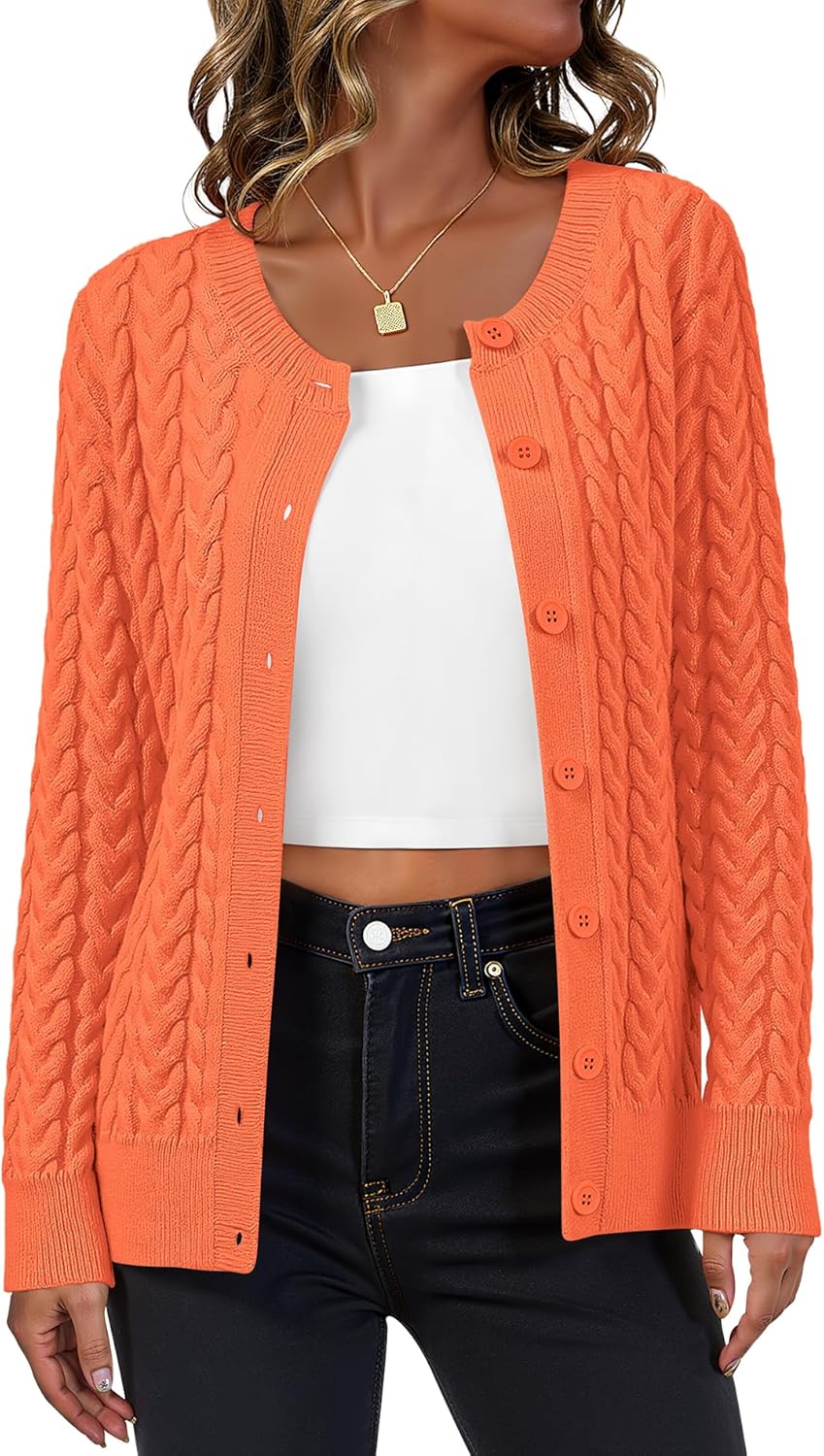 LILBETTER Womens Cable Knit Long Sleeve Crewneck Button Down Open Front Cardigan Sweater for Fall and Winter 2025