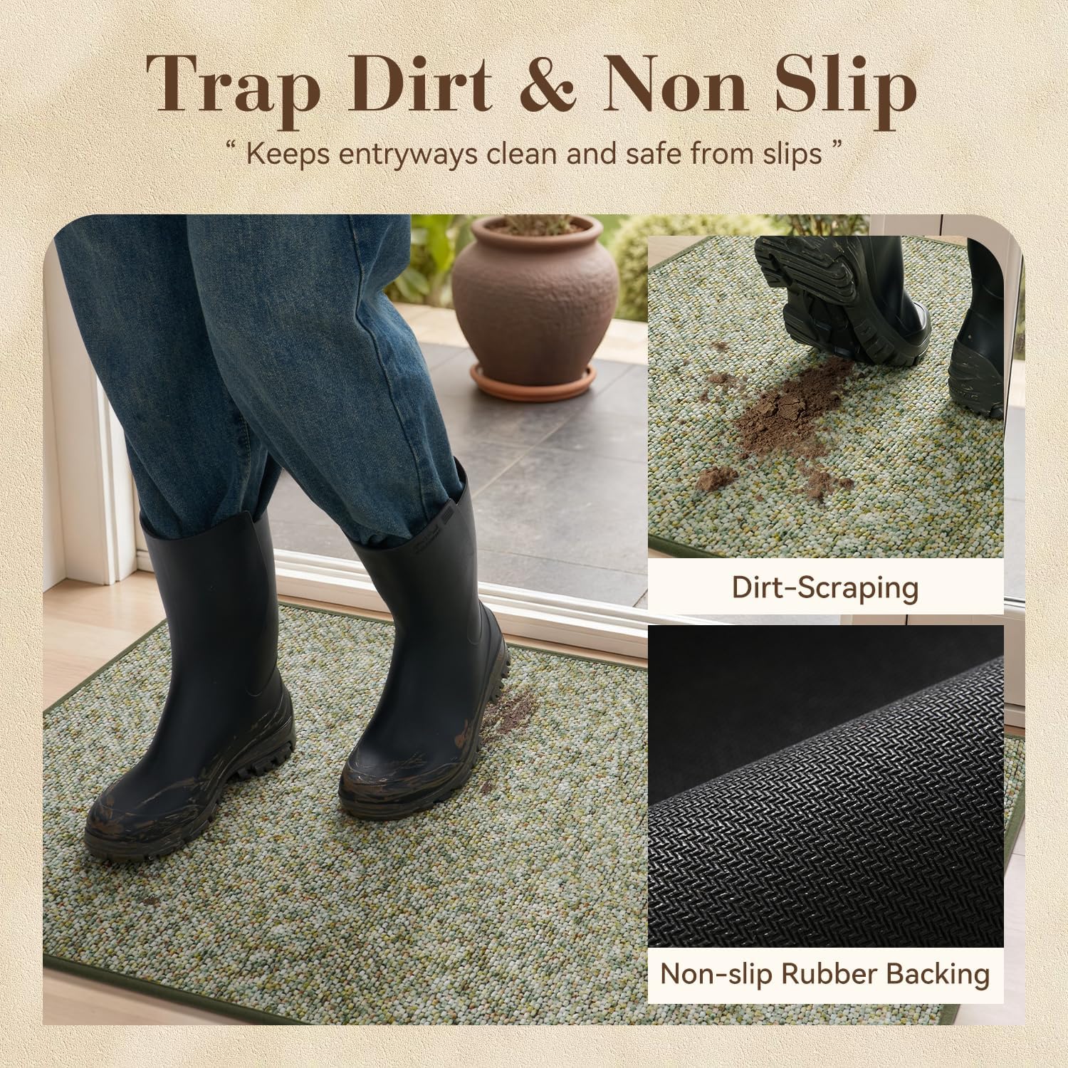 MontVoo Door Mat Indoor Entrance Doormat, Absorbent Durable Rubber Non Slip Front Door Mat for Inside Entry Entryway Dirt Trapper Welcome Mat, Green 17''x30''