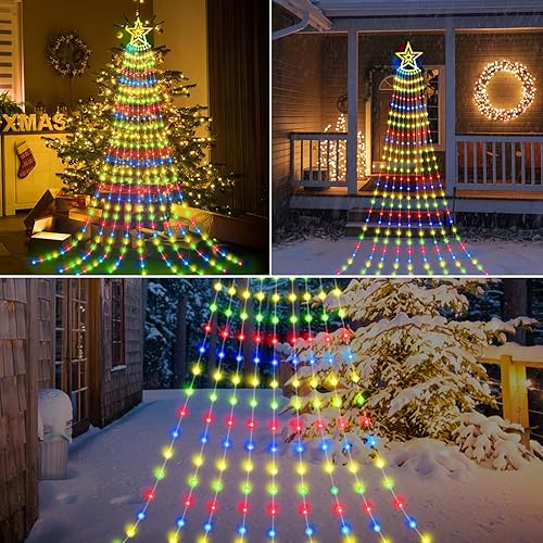 Miniatura 4 de Luces de cascada de Navidad alimentadas por energía solar al aire libre, impermeables, 350 luces LED de estrella, luces de árbol, 8 modos y control