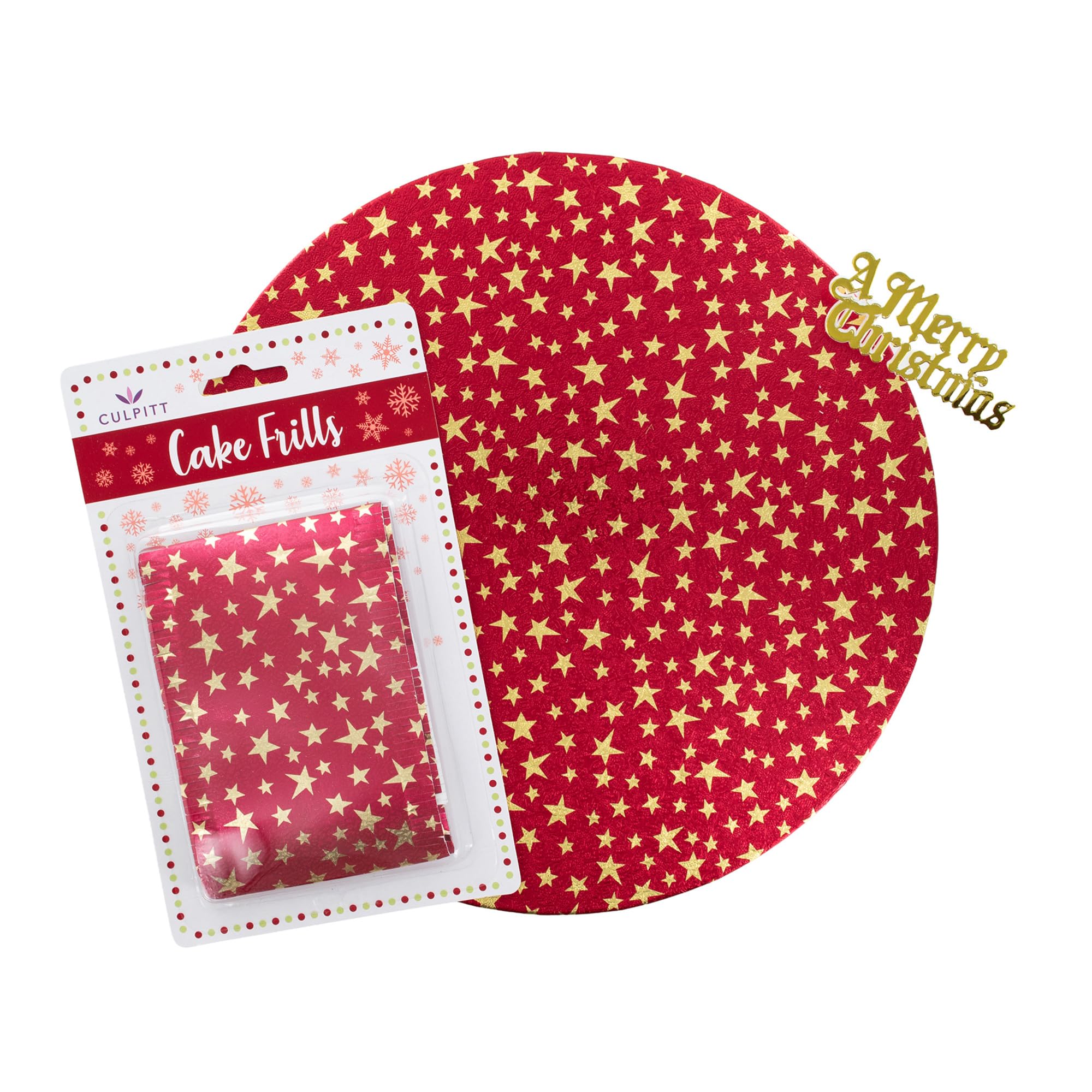 Culpitt Red & Gold Star Christmas Cake Board, Frill & Topper Set