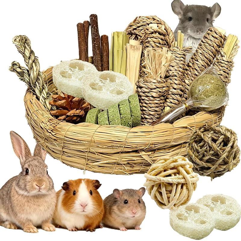 Brinquedos mastigáveis para coelhos e pequenos animais Hamiledyi com materiais vegetais, 40 peças