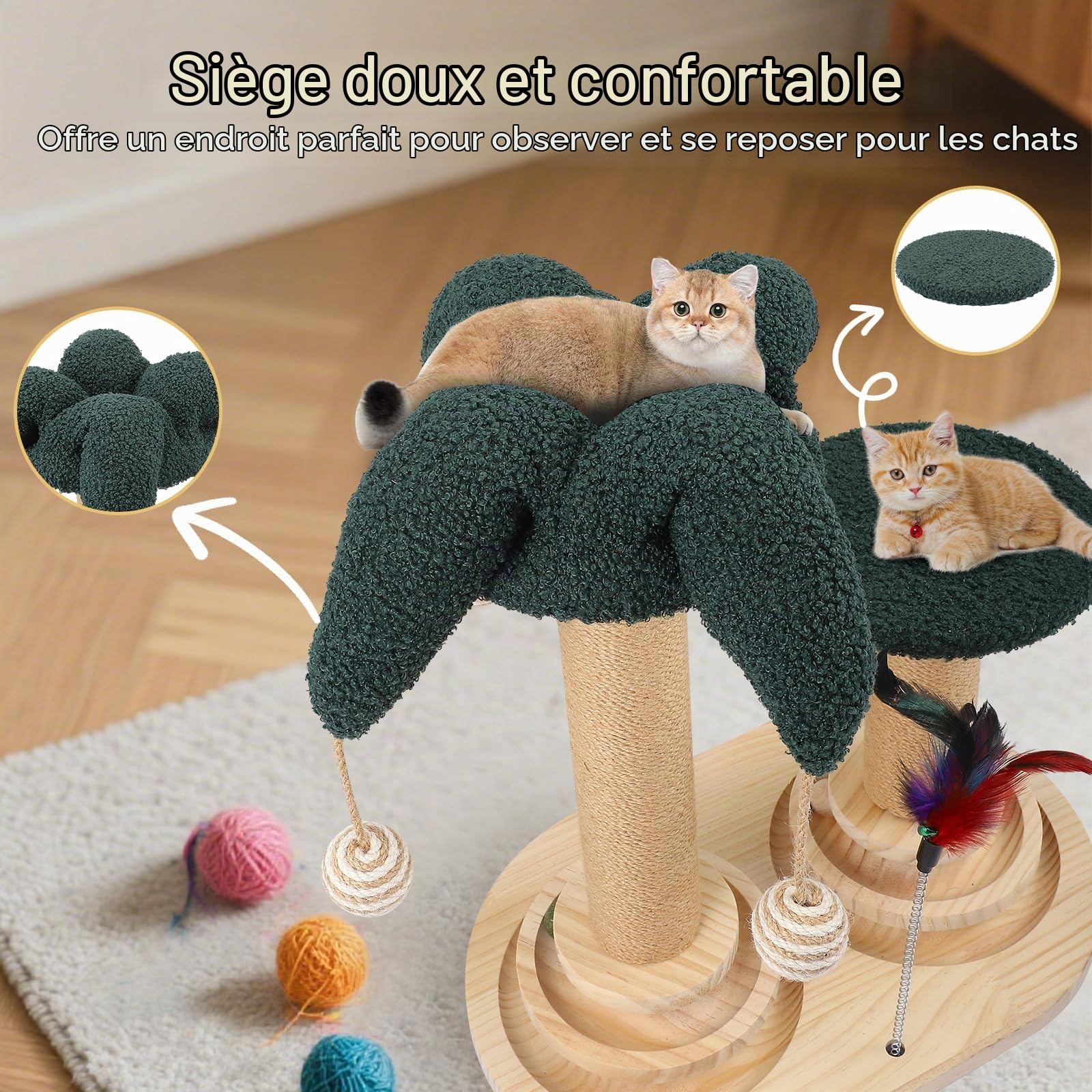 Jouet Interactif Pour Chat 6-en-1 Avec Boule Rotative, Plumes, Sisal Et Jute Arbre à Chat, Griffoir Et Jouets Pour Petits Et Moyens Chats, Meuble à Griffer, Jouet En Bois Griffoir Cylindre Avec Plumes
