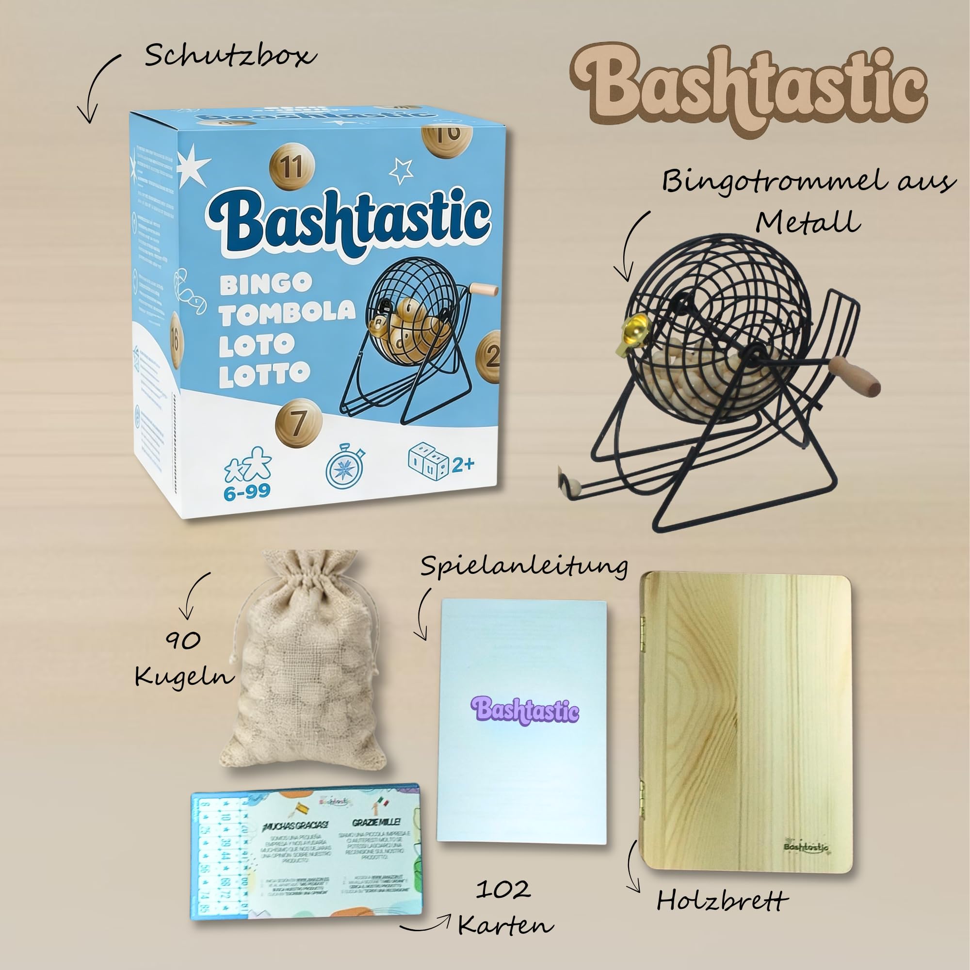 Bingo Spiel – Bingo mit Metalltrommel, 102 Wiederverwendbare Bingo Karten, Spielbrett aus Holz und 90 lasergravierte Holzkugeln. Bingosets – bereit für Familienspaß!