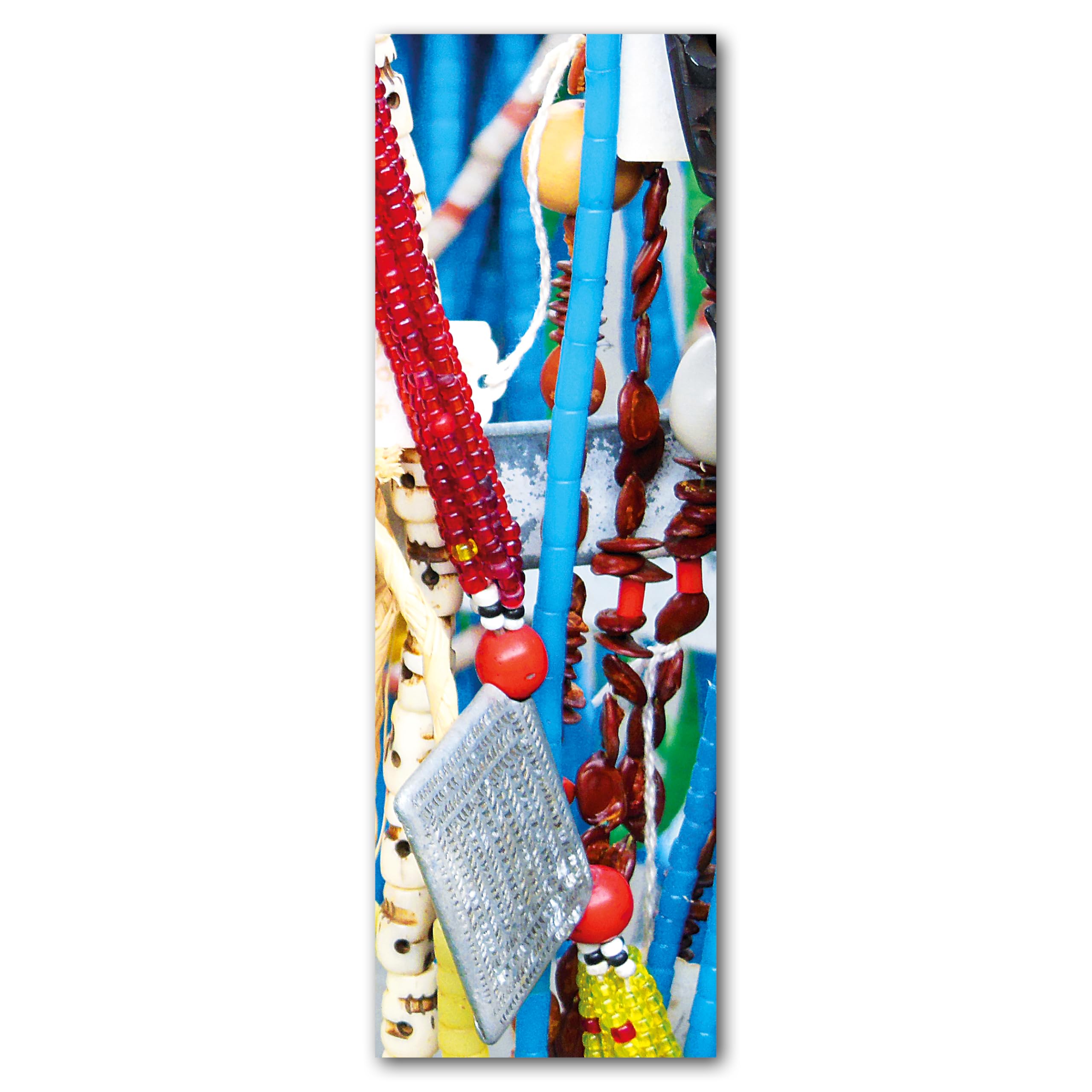 Glücksvilla - Ketten 3 (Leinwand-Bild 2 cm, 60 x 20 cm) | div. Maße - aus DE - Kunstdruck XXL Deko Wandbild quer - Schmuck Kunst Afrika Perlen bunt Silber Trödel