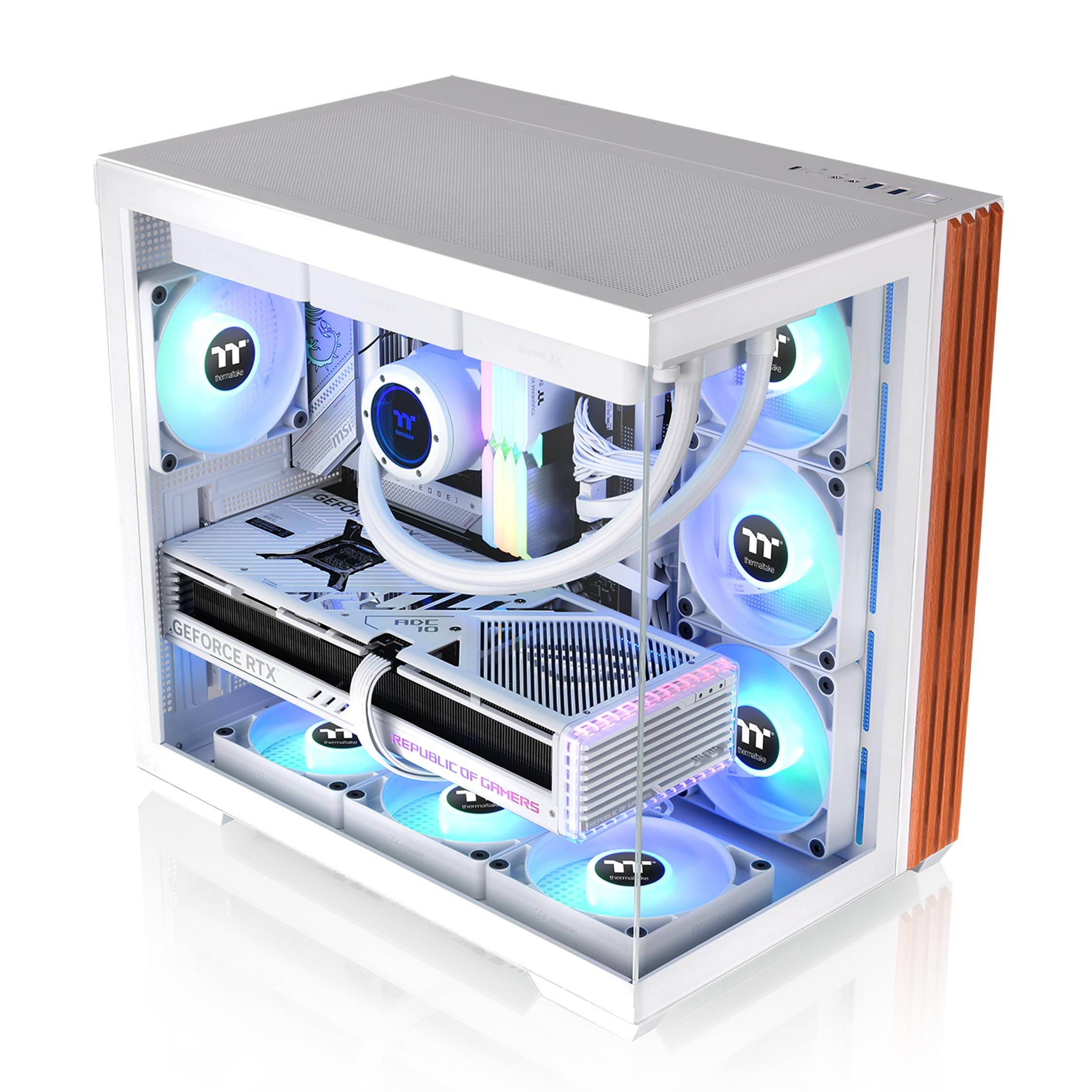 Thermaltake View 380 WS ARGB; chasis de Torre Media; moldura Lateral de Madera; Ventiladores ARGB Lite de 4 x 120 mm incluidos; Espacio de GPU de 415 mm; cámara Dual; ATX/mATX/mITX; Soporte de