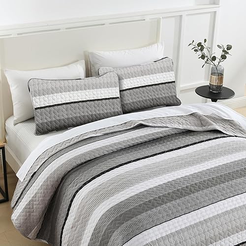 Vista 83 de DJY Juego de edredón a rayas tamaño Queen, juego de colcha bohemia de 3 piezas de color verde salvia, juego de ropa de cama de microfibra suave