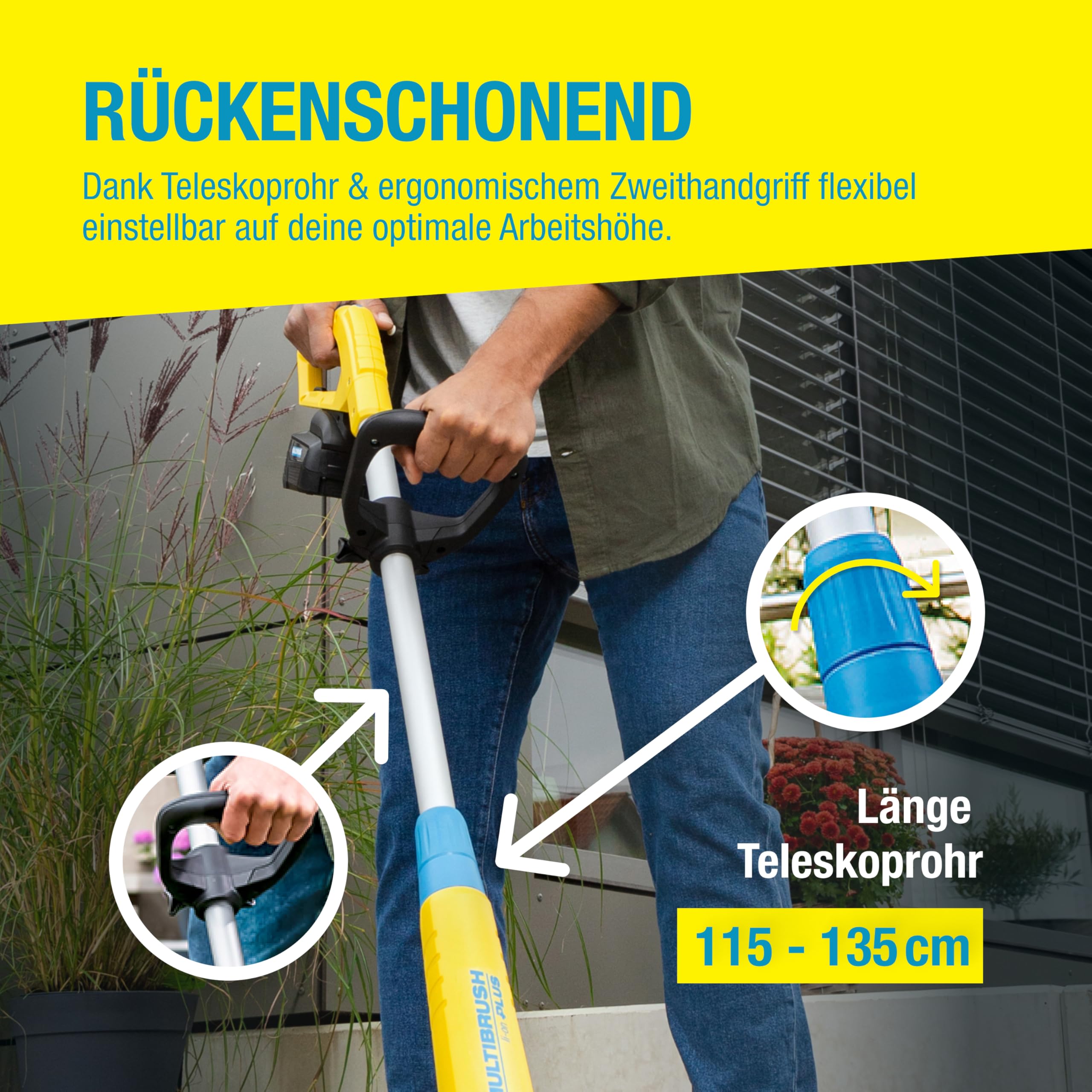 GLORIA MultiBrush li-on PLUS I Akku Reinigungsbürste für Stein, Fugen, Holz, Kanten & Rasen | Für Terrasse, Wege & Garten | Inkl. Stein- & Fugenbürste | Kompatibel mit BOSCH 18V Akku (nicht enthalten)