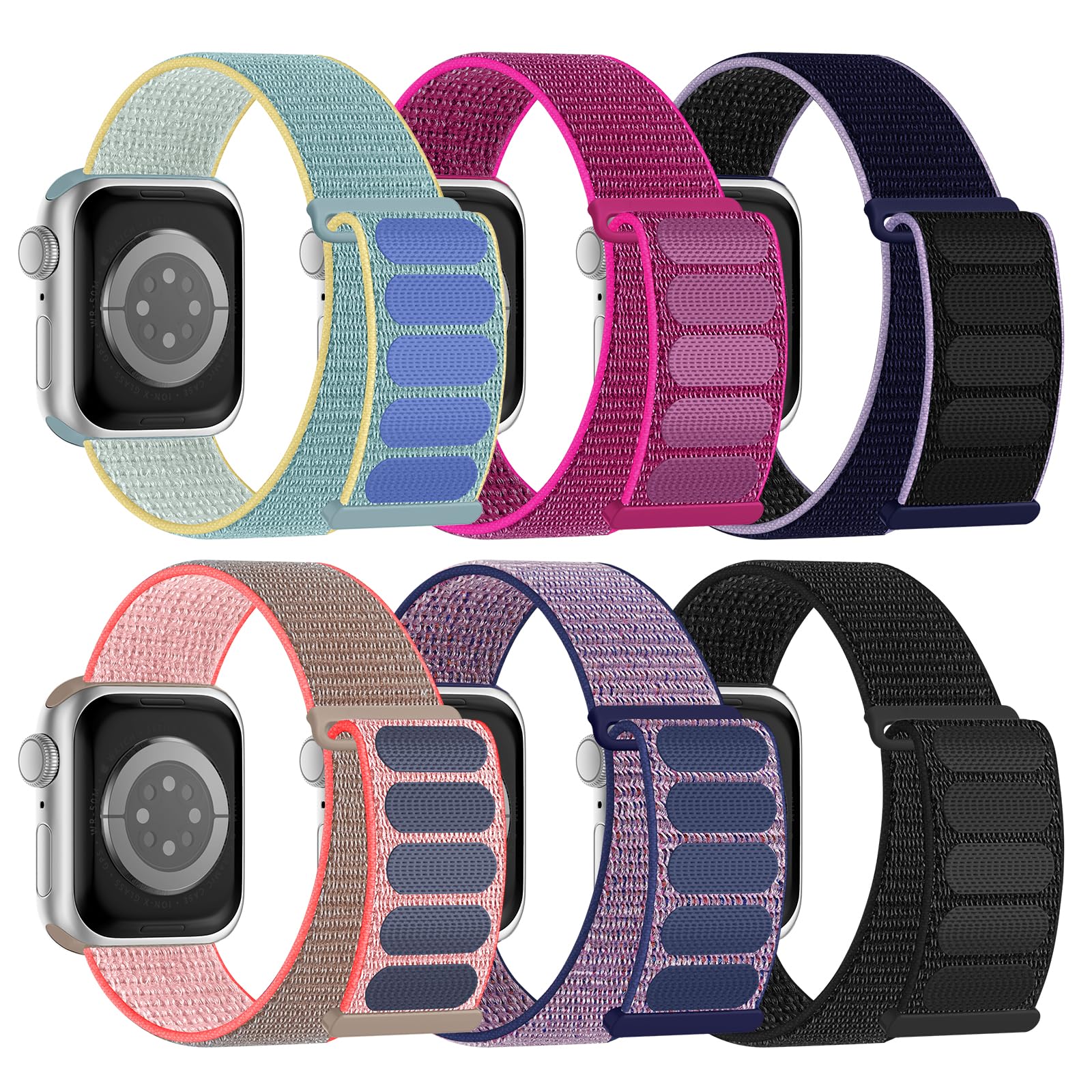 6 Pack Sport Nylon Loop Band Compatible with Apple Watch Band 38mm 40mm 41mm 42mm 44mm 45mm 46mm 49mm for Women Men, Adjustable Breathable Braided