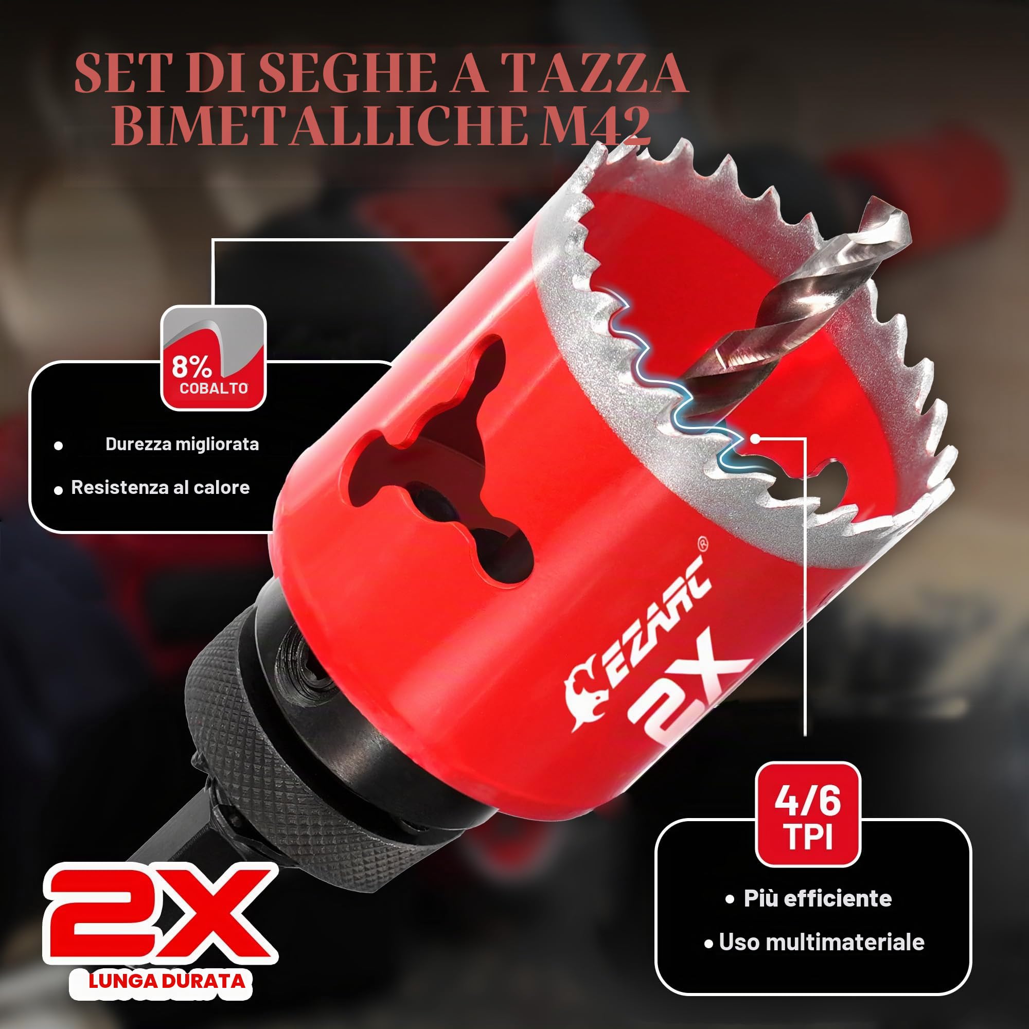 EZARC, Sega a tazza bimetallica, 19–64 mm (16 pezzi), set di sega a tazza, profondità di taglio massima 48 mm, per alluminio, acciaio, cartongesso, legno, pannelli in PVC e plastica