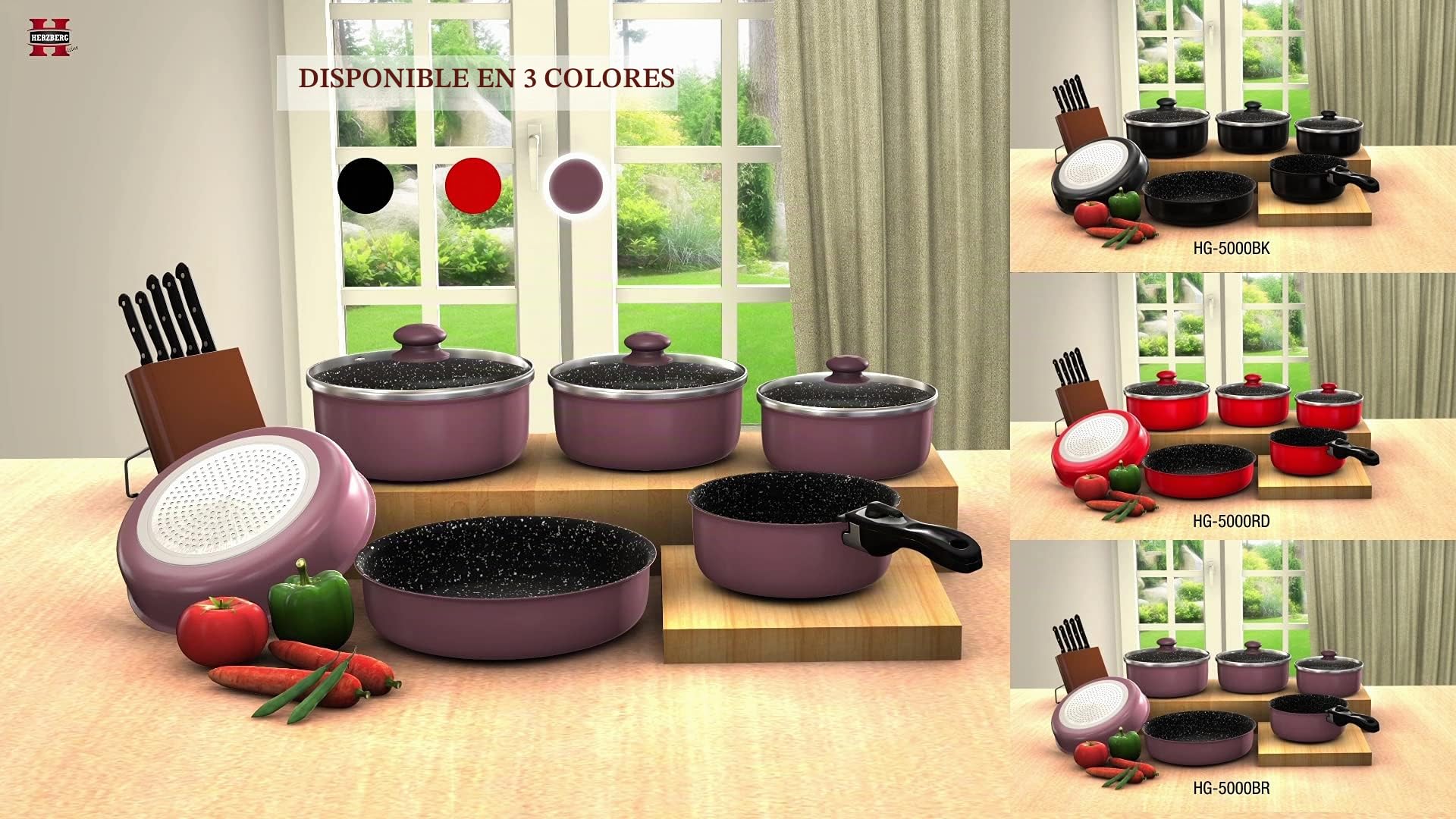 Herzberg Batería de Cocina - Batería de inducción - Juego de ollas y sartenes para todo tipo de placas - Juego de cocina con revestimiento de piedra y mango extraíble 10 piezas HG-5000 Burdeos